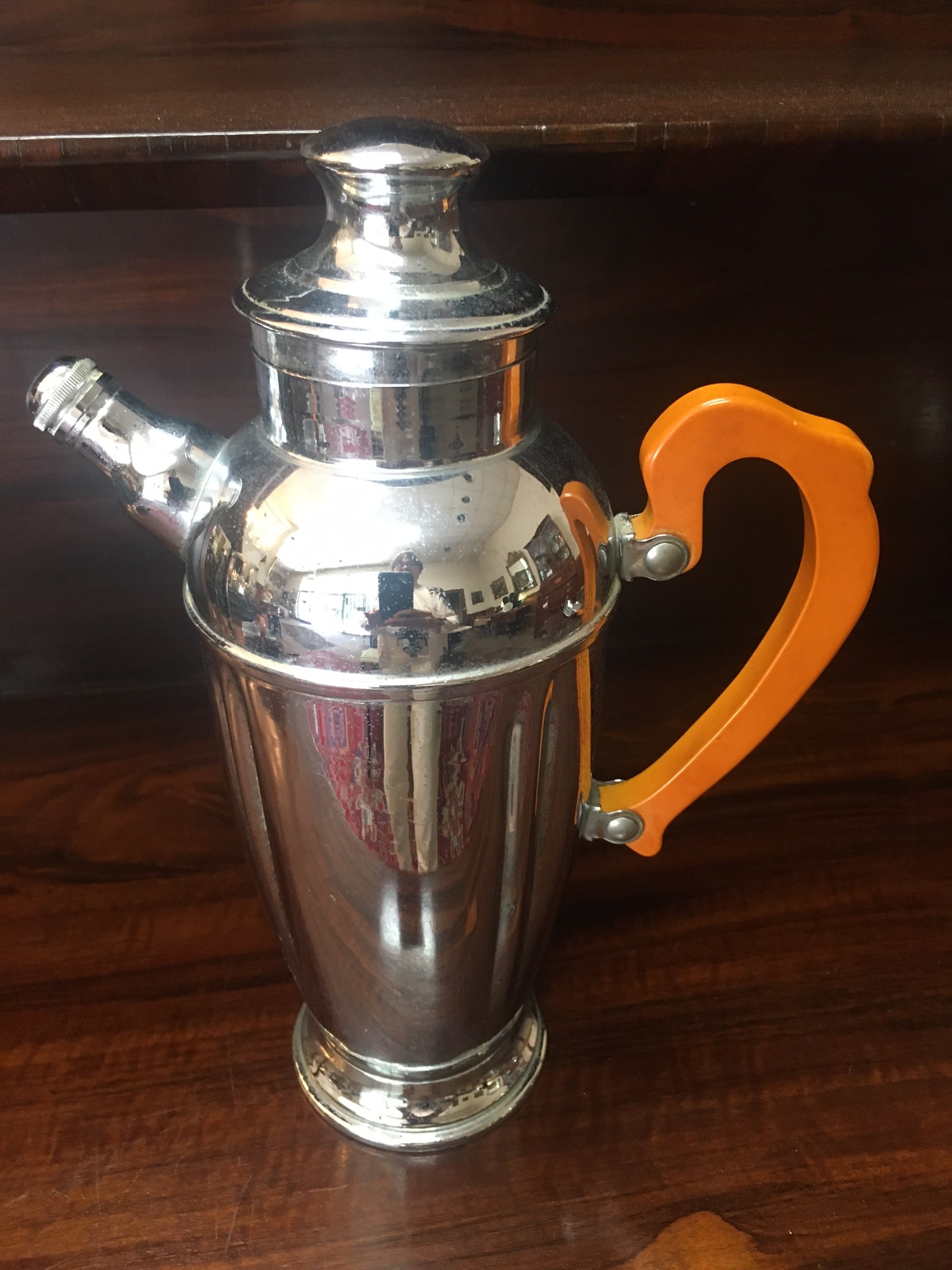 1930s Art Deco Chromium Cocktail Shaker Serving Set W/Butterscotch Bakelite Handles - 7