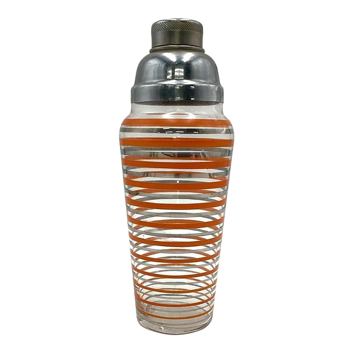 1930s Art Deco Cobbler Type Cocktail Shaker by Anchor-Hocking in the "Rings" Pattern: This stylish large Art Deco Anchor Hocking cobbler-style cocktail shaker is in the "Banded Rings" or "Rings" pattern. Featuring a clear glass body with alternating rings in orange and solver. The shak