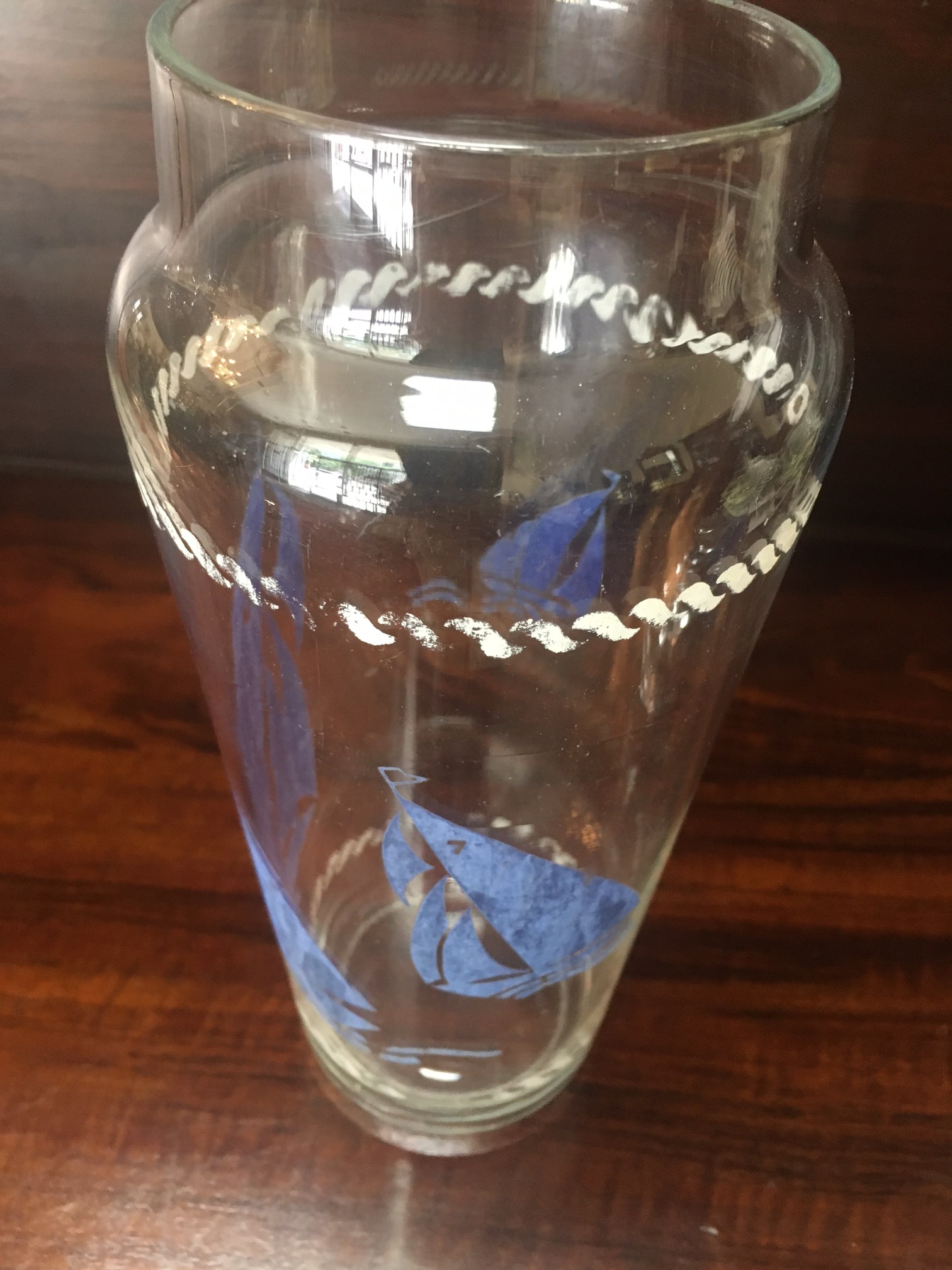 1930s Art Deco Clear Glass Cocktail Shaker With Blue Transferware Sailboat Design - 6