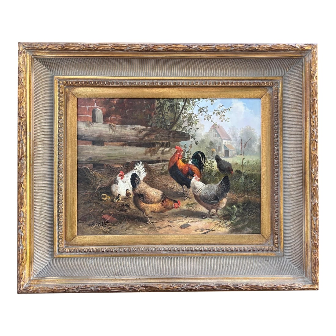 Framed Oil-on-Board Farmyard Scene in the Dusseldorf School Style, Circa Mid-Century: A well-executed mid-century oil on board in the manner of Carl Jutz the Elder, the DÃ¼sseldorf School master who defined 19th-century European poultry painting. Commercially produced for