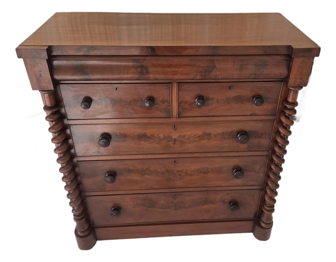 Antique Victorian Mahogany Chest of Drawers (Scotch Chest) Likely From 1850-1870s With Barley Twist (1 of 18)