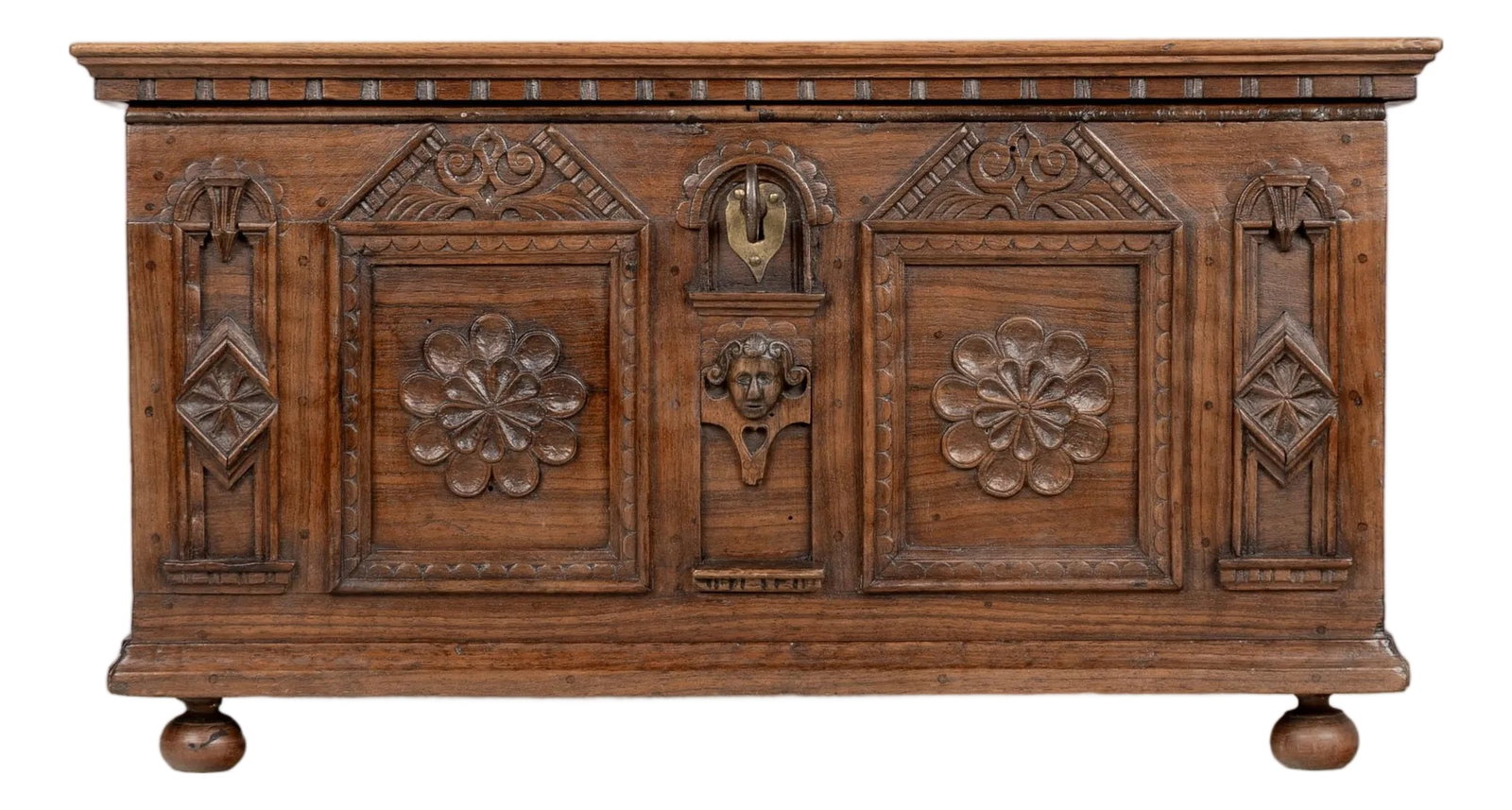19th Century Spanish Walnut Wedding Coffer or Marriage Chest: An early 19th century Spanish Baroque style carved walnut marriage chest, or wedding coffer. Fine hand-carving with architectural elements typical of 18th century Baroque or Renaissance revival style.