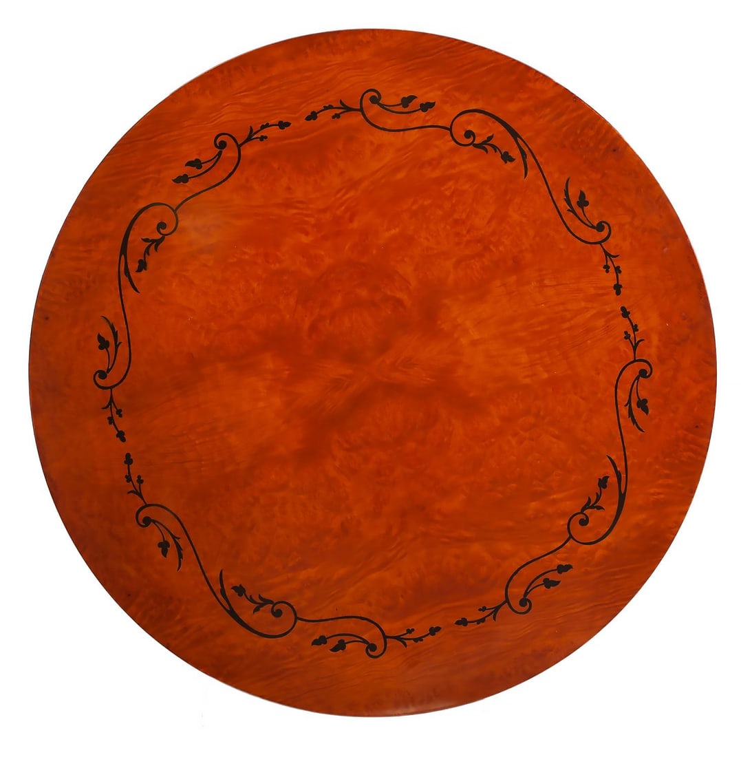 Italian Handcrafted Inlaid Wood Round Accent Table with Gilt Pedestal Base - 2