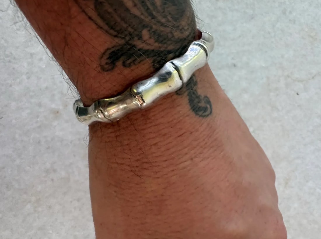 1980s Sterling Silver Bamboo Hinged Bangle Bracelet - 2