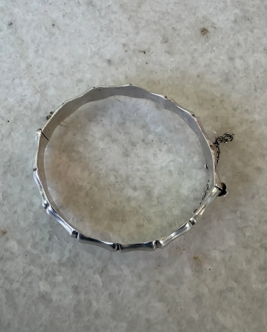 1980s Sterling Silver Bamboo Hinged Bangle Bracelet - 3