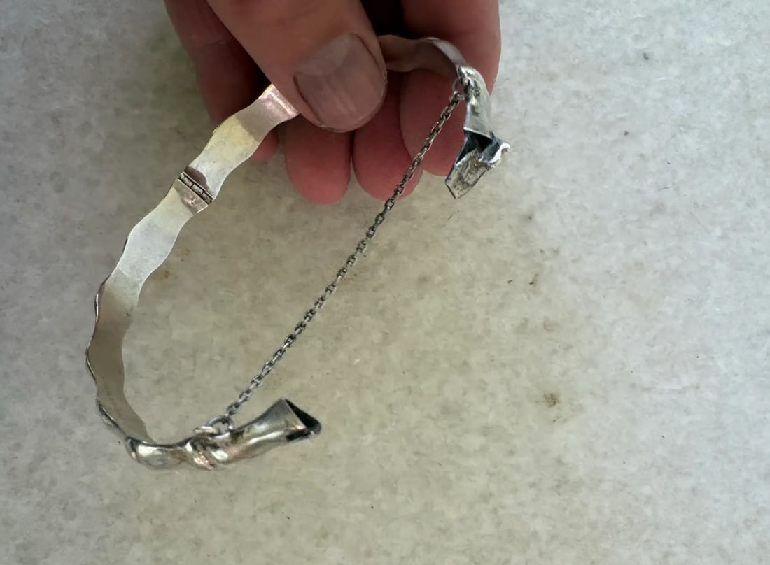 1980s Sterling Silver Bamboo Hinged Bangle Bracelet - 4