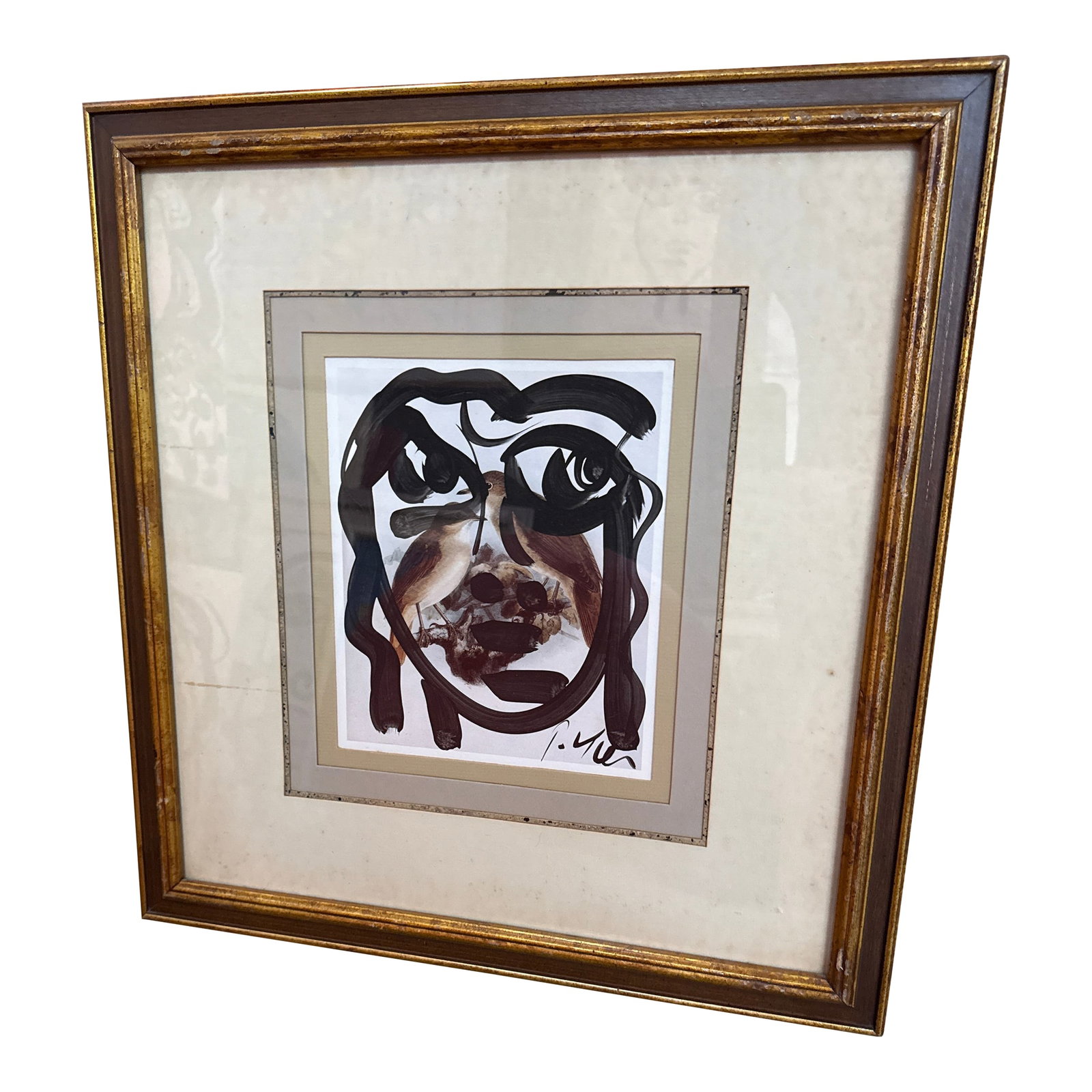 1970s Original Peter Keil Abstract Face / Birds Painting: Fantastic Original Peter Keil (born 1942) Abstract Cubist Painting. This wonderful piece depicts a cubist picasso esque face in black over a print of birds ready to hang COA on back, Guaranteed Authen