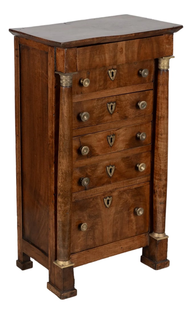 French Empire Miniature Semainier Chest, Walnut & Brass, Circa 1800: An early 19th century French Empire Period miniature semainier chest finished in rich matched flame walnut veneers. Designed with seven dovetailed drawers (one for each day of the week) with
