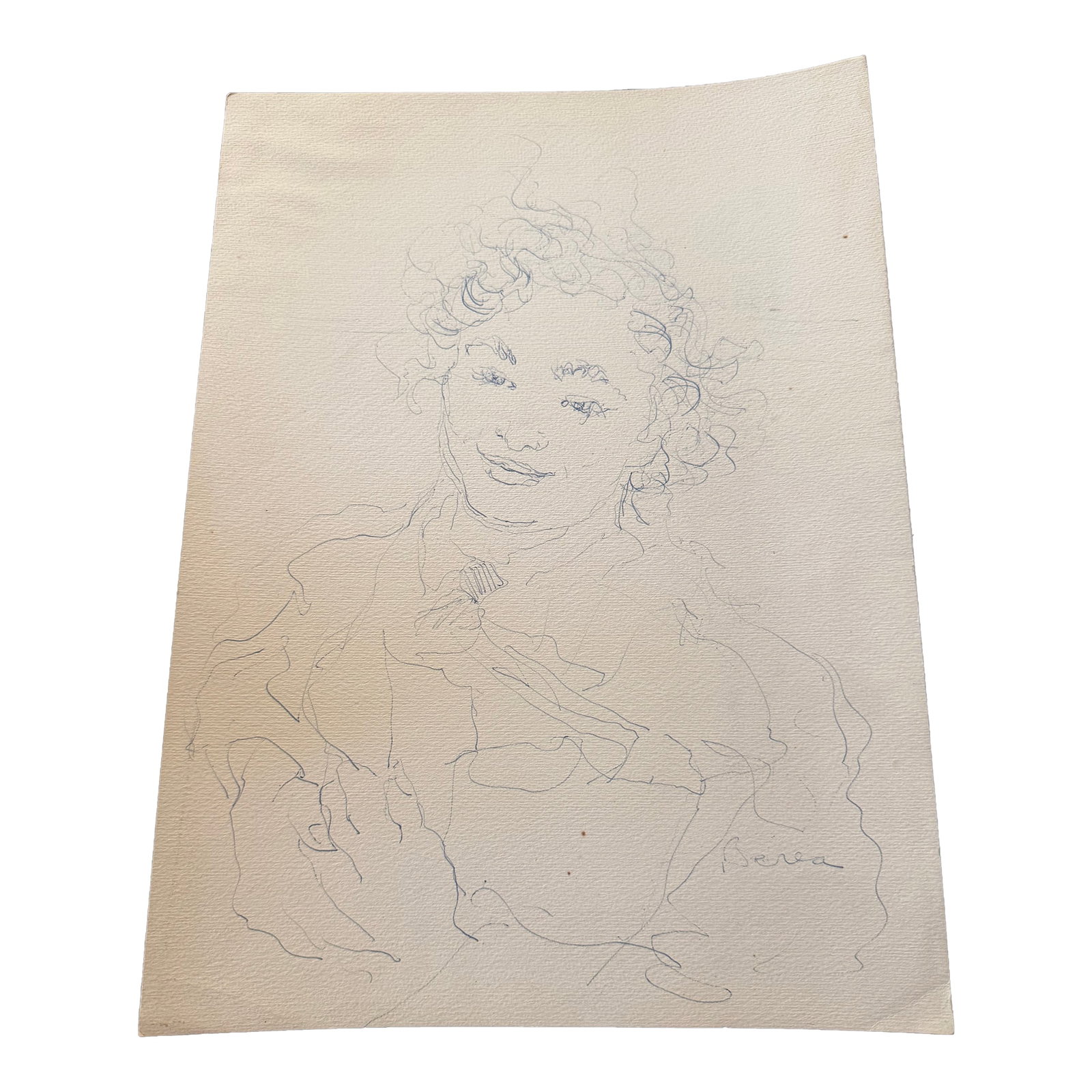 Mid Century Modern Pencil Sketch by Dimitrie Berea of a Smiling Woman: This is a lovely pencil and paper sketch of a smiling woman prepared and signed by the well known Romanian-born impressionist artist Dimitrie Berea. The unframed sketch portrays a smiling woman who