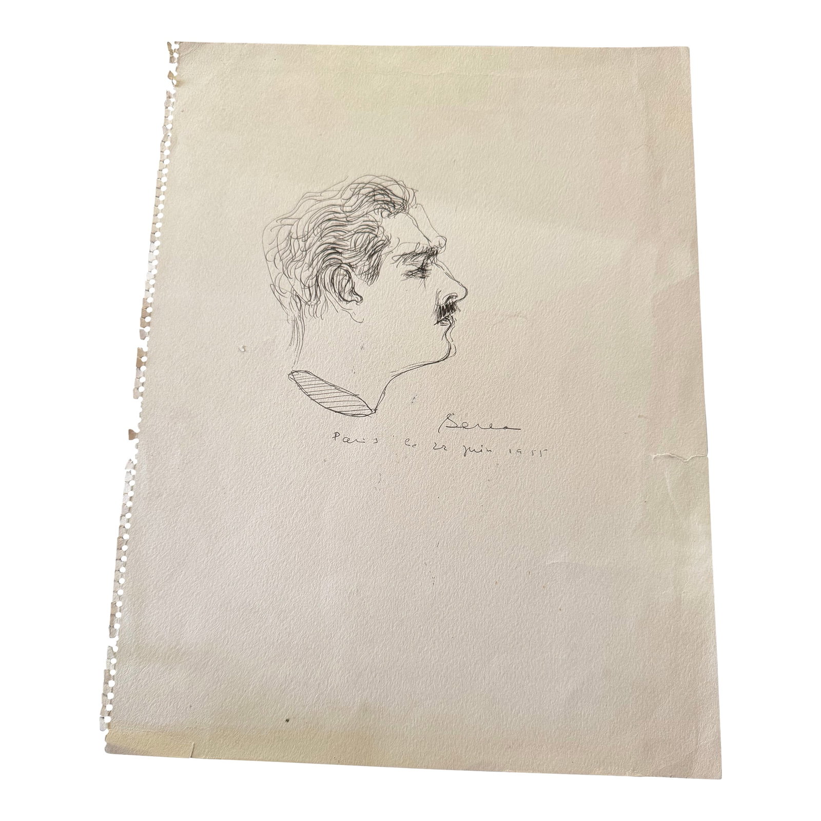 1955 Dimitrie Berea Pencil Self-Portrait Sketch in Paris on June 22, 1955: Signed self-portrait sketch of Romanian-born impressionist artist Dimitrie Berea drawn in pencil on June 22, 1955, during his time in Paris. This unframed sketchbook drawing depicts the artist at the 