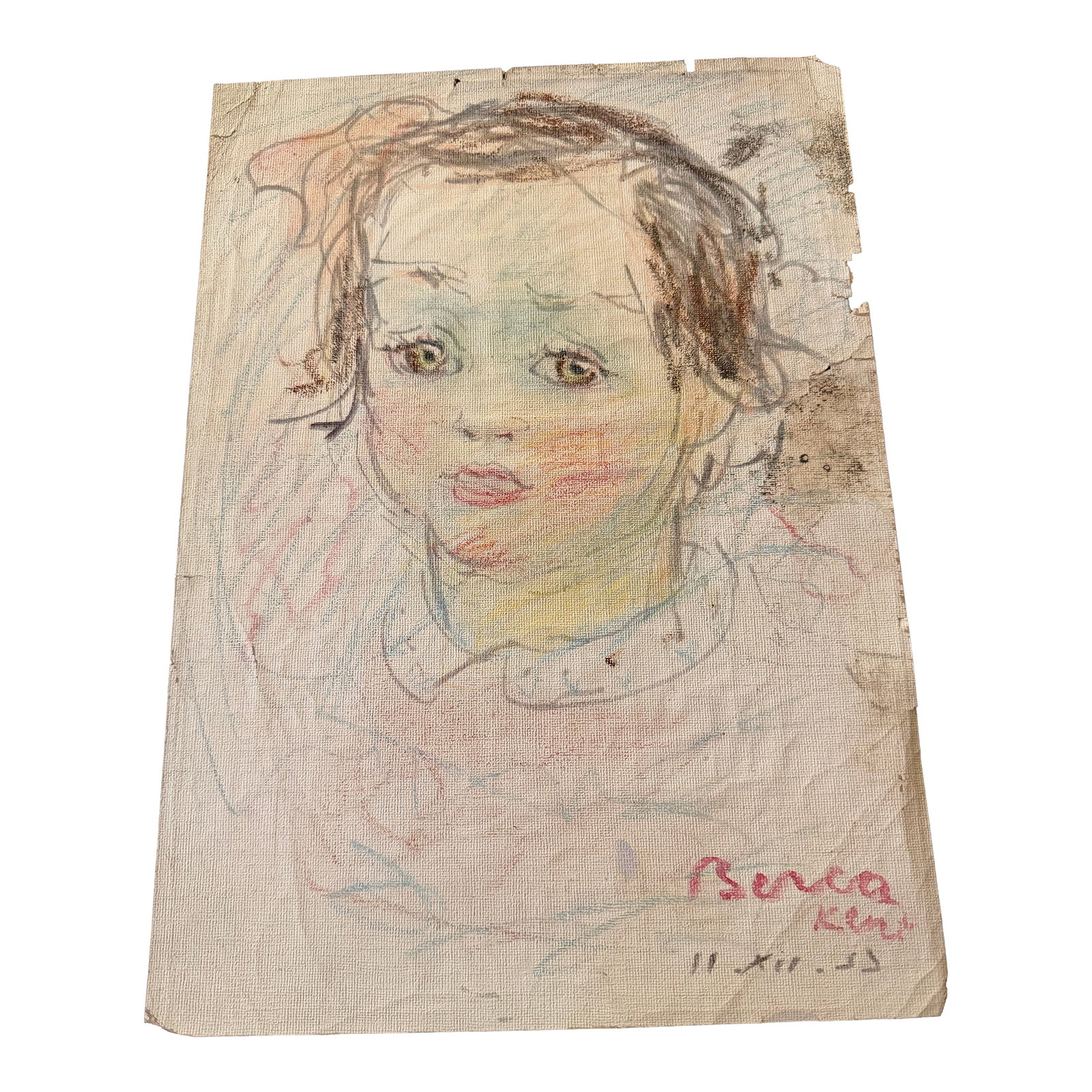 1955 Dimitrie Berea Colored Sketch of a Young Girl - Signed in Kent Dec. 11, 1955: Lovely colored pencil sketch by Dimitrie Berea of a young girl signed by the artist during his time in Kent, England in December 1955. Although Berea was a well known portrait artist, the subject