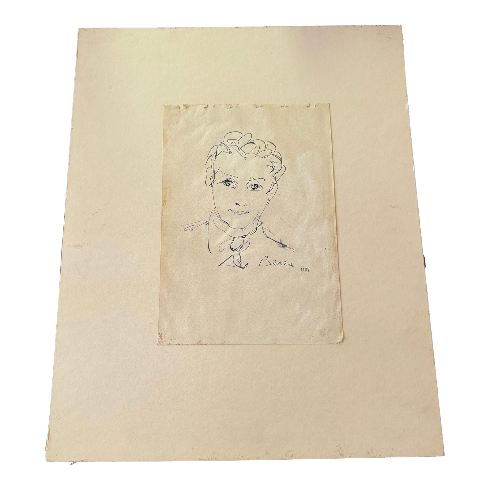 1951 Pencil Sketch by Dimitrie Berea - Possible Self-Portrait: This appears to be a self-portrait of the well known Romanian-born artist from 1951. The sketch was prepared in pencil and then removed from his sketchbook and mounted on heavy cardstock. Condition: A