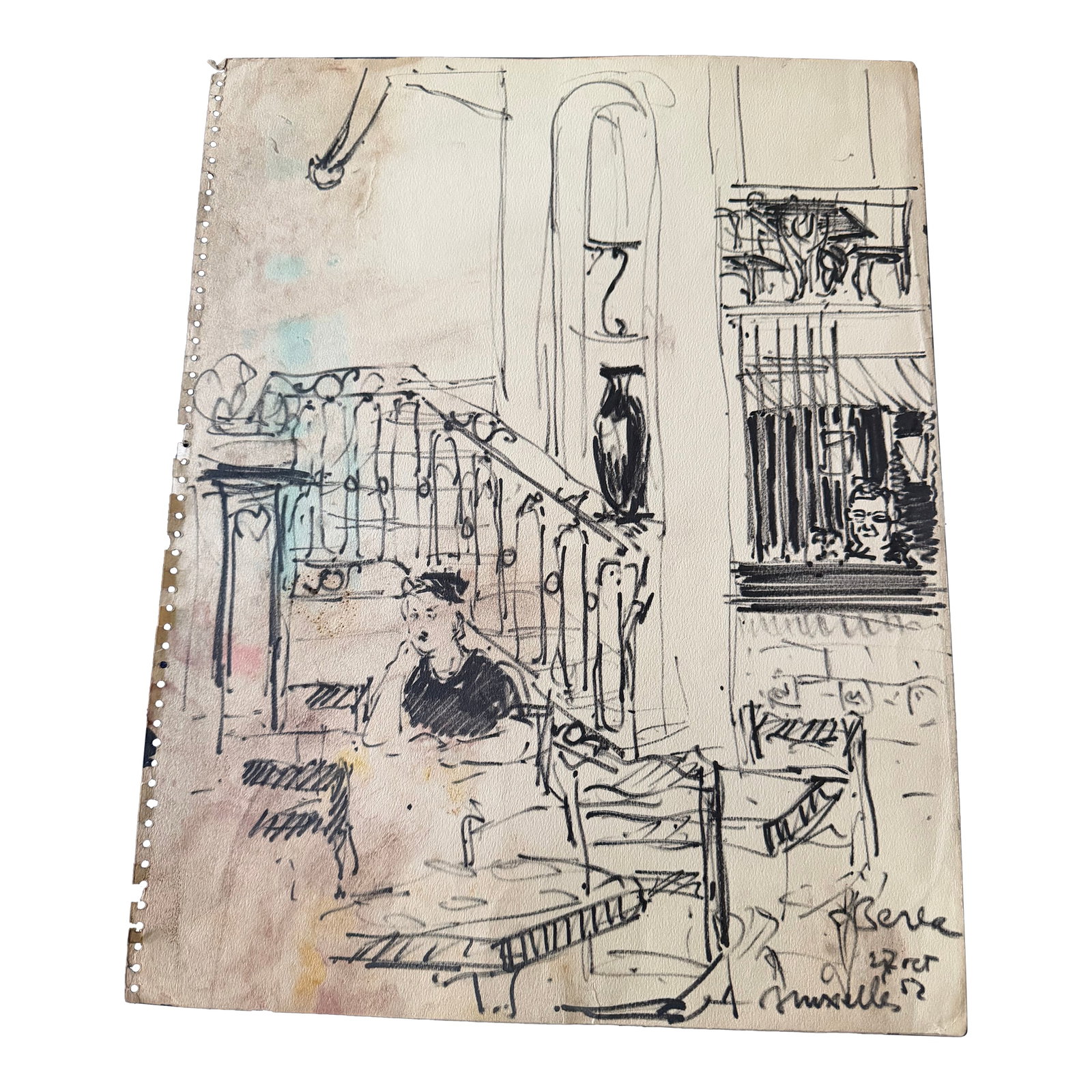 1952 Original Ink Sketch by Dimitrie Berea of an Interior Scene From a Cafe in Brussels, Belgium in: This original ink sketch by prominent Romanian-born artist Dimitrie Berea depicts an interior scene, likely a cafe or restaurant, featuring a seated figure and architectural details like railings and