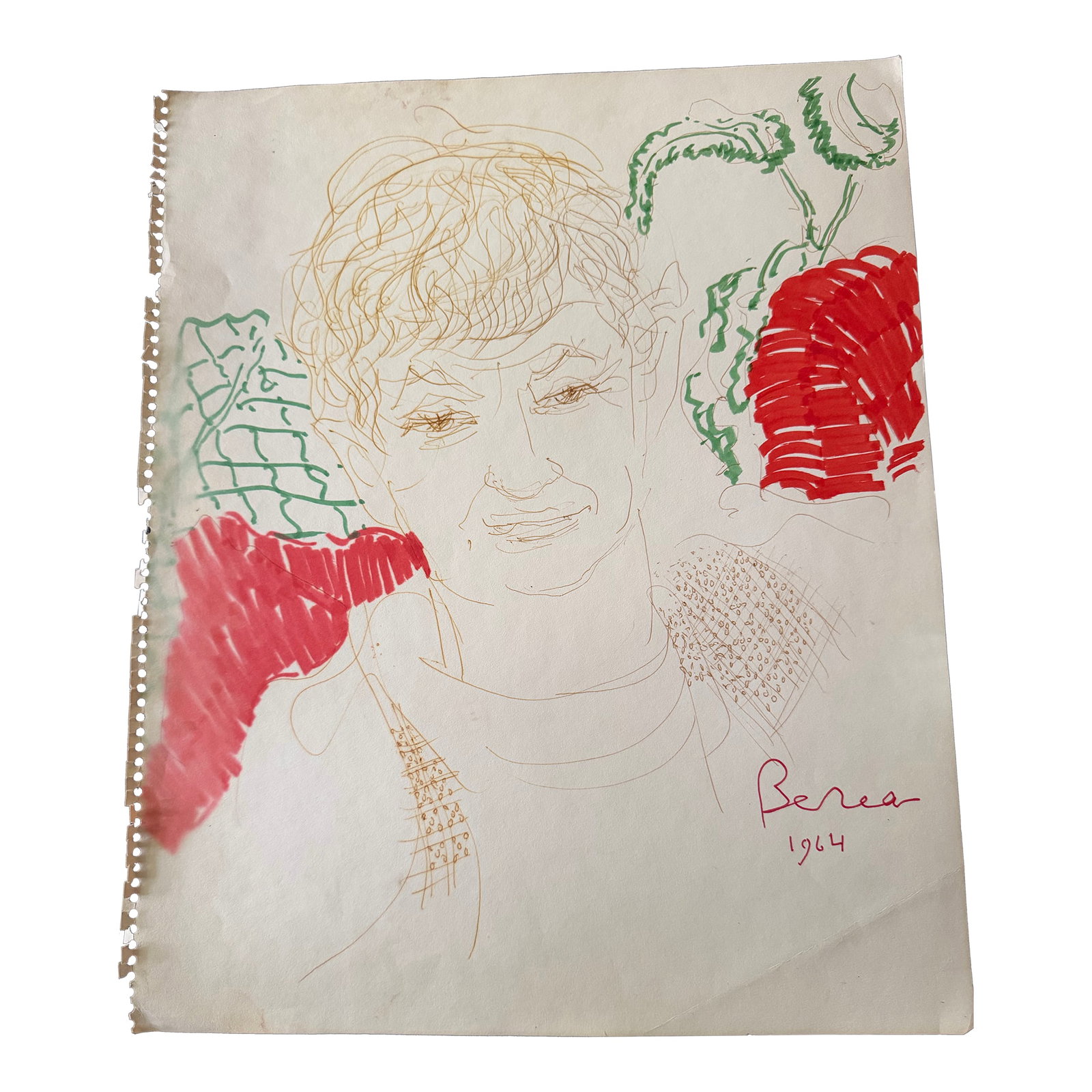 1964 Dimitrie Berea Colored Sketch of a Man Prepared With Ink and Markers: This is a sketchbook portrait of a man drawn and colored by Romanian-born artist Dimitrie Berea in 1964. In this post-impressionist drawing, Berea presents a detailed drawing of a man's face in ink