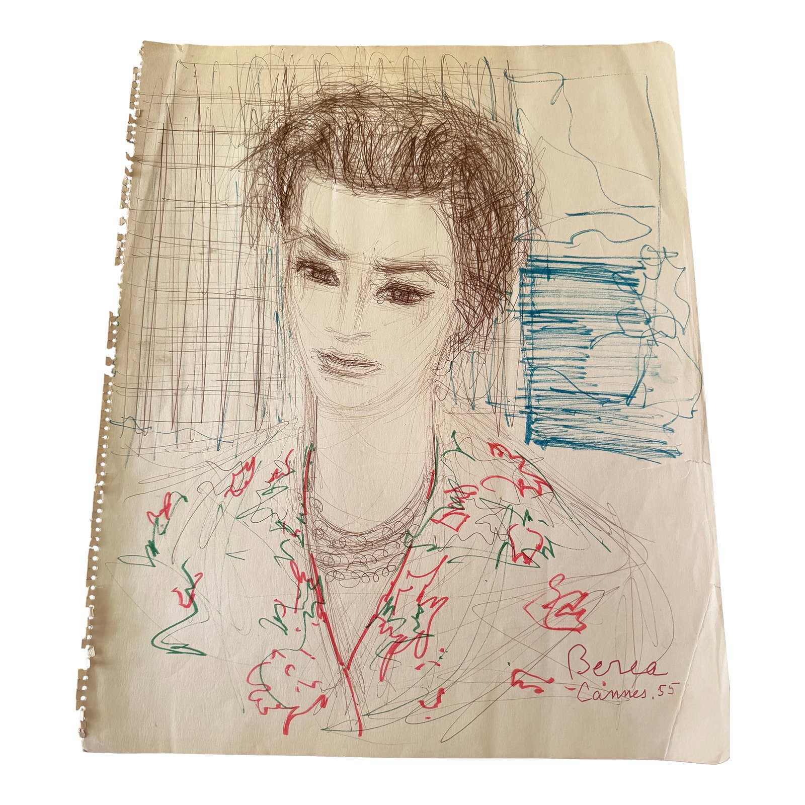 1955 Dimitrie Berea Ink and Marker Sketch of a Woman by a Window in Cannes, France: This is sketch by Romanian-born artist Dimitrie Berea of a young woman by a window overlooking the sea in Cannes France dates 1964. The sketch is prepared in ink and hand colored with bright blue,