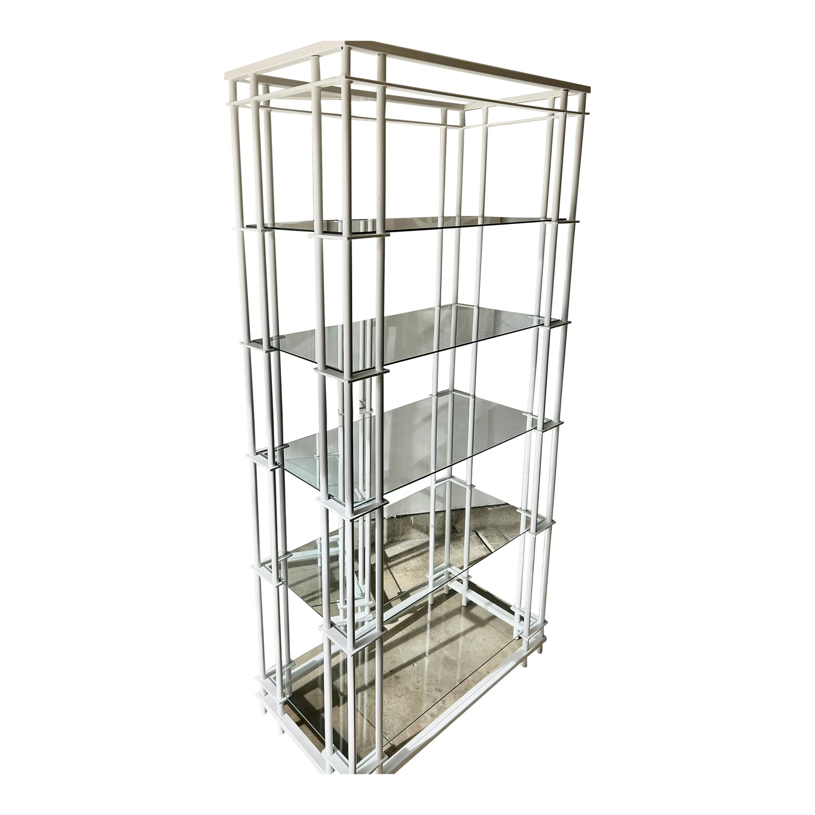 Post Modern Architectural Steel and Glass | Pair of 1980s Postmodern Etageres: Elevate your space with this rare pair of 1980s Postmodern etageres. Attributed to Mirak. Featuring a unique tri-pole architectural design in white tubular steel with floating 1/4" glass shelves. Perf
