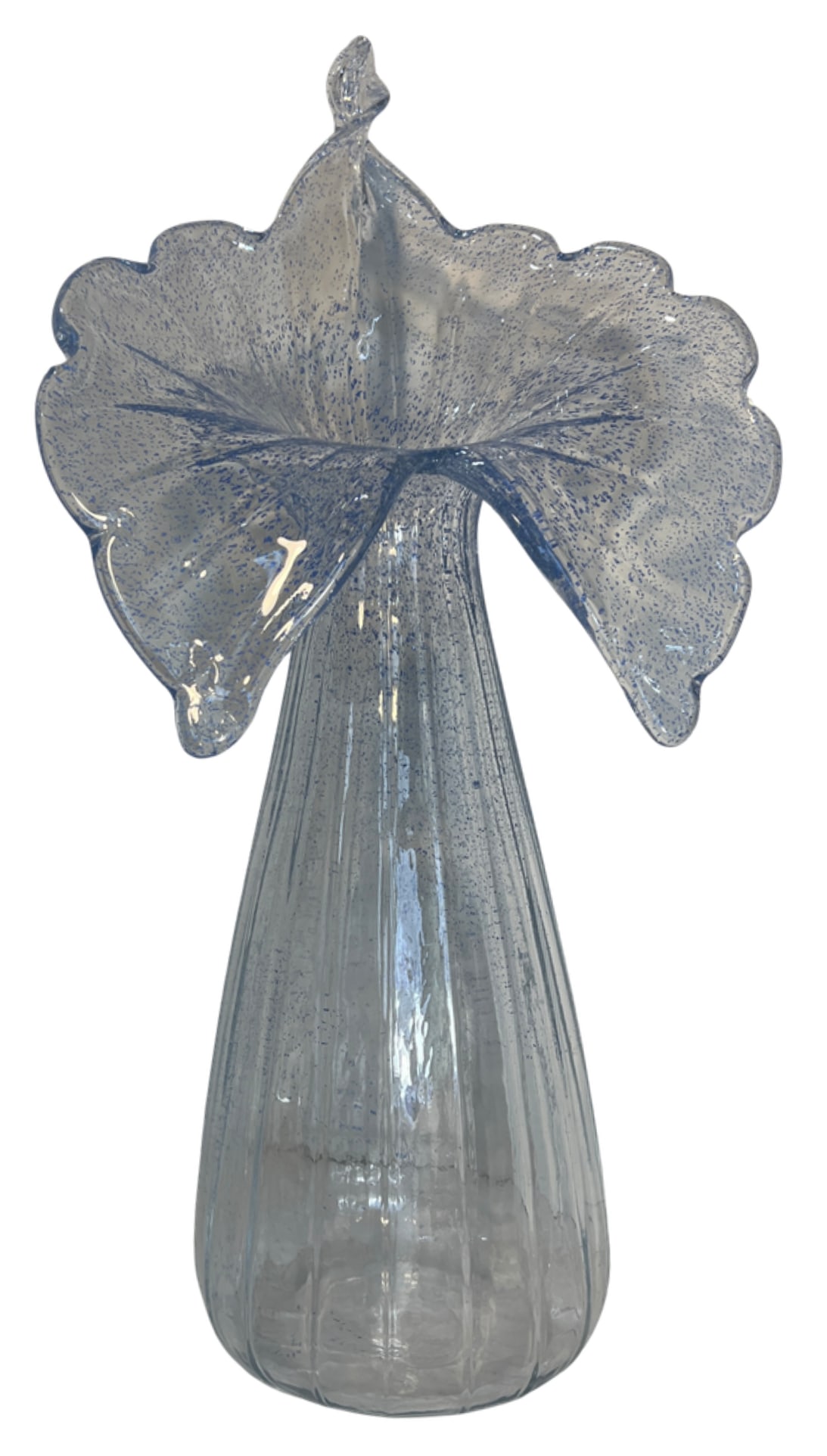 21 In. Tall Art Glass Clear Fluted Confetti Blue Speckled Flower Shaped Vase - 11