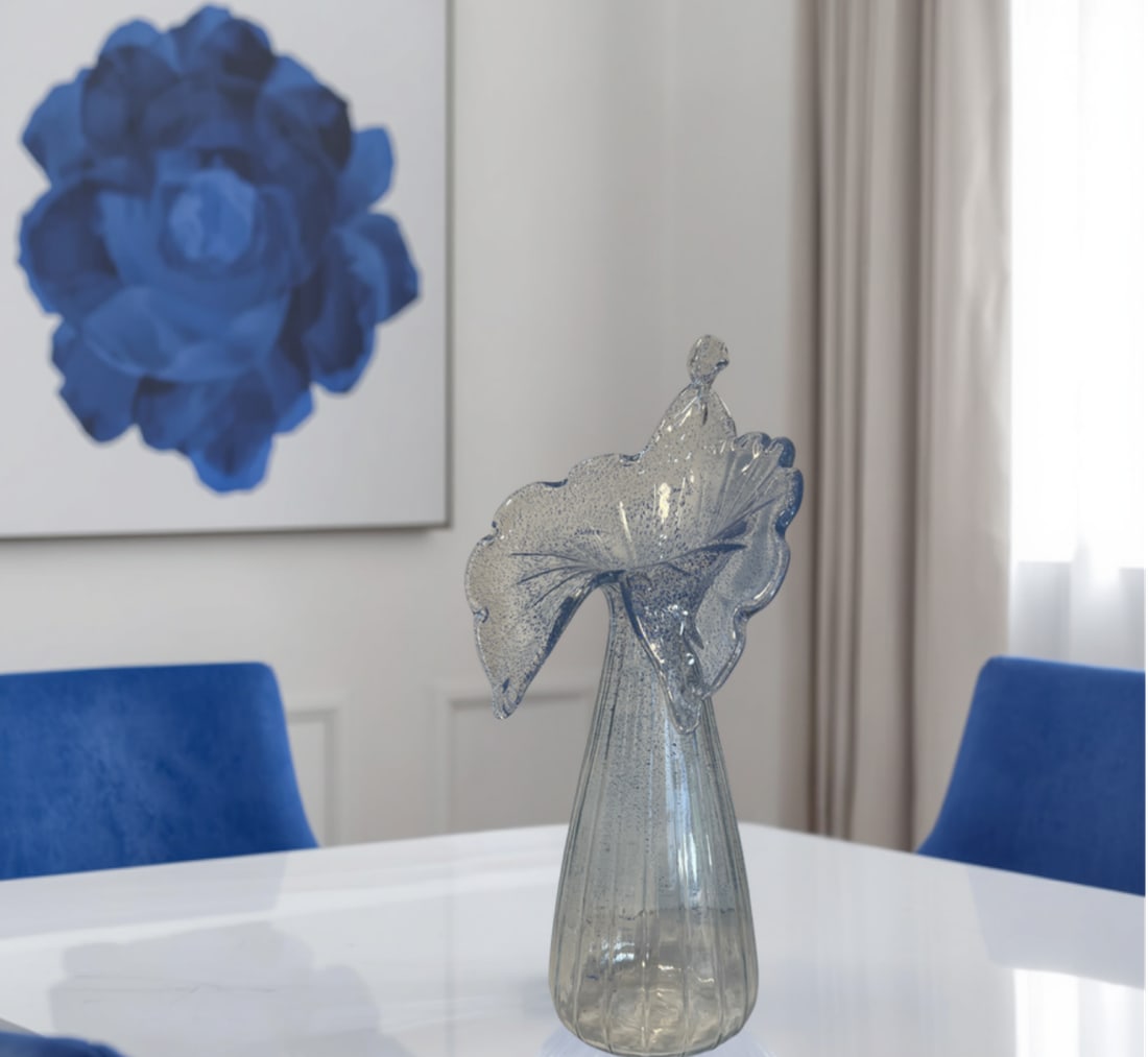 21 In. Tall Art Glass Clear Fluted Confetti Blue Speckled Flower Shaped Vase - 12