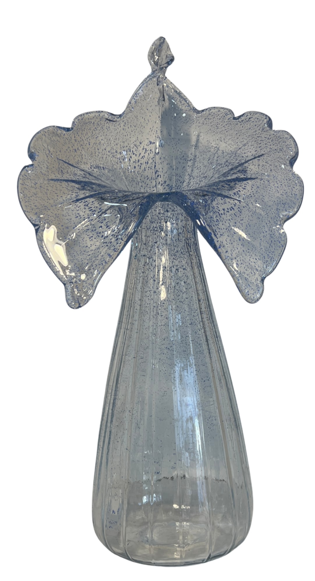 21 In. Tall Art Glass Clear Fluted Confetti Blue Speckled Flower Shaped Vase - 14