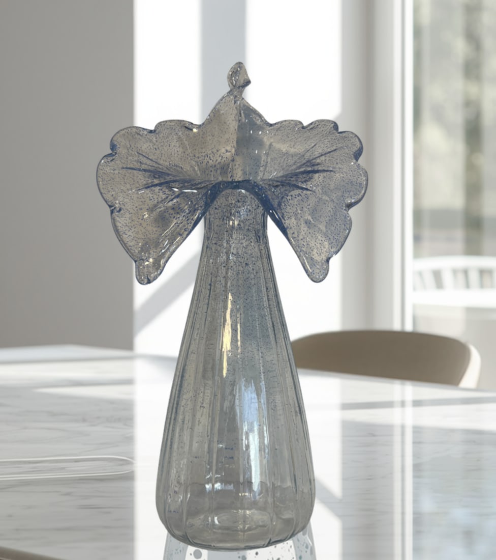 21 In. Tall Art Glass Clear Fluted Confetti Blue Speckled Flower Shaped Vase - 15