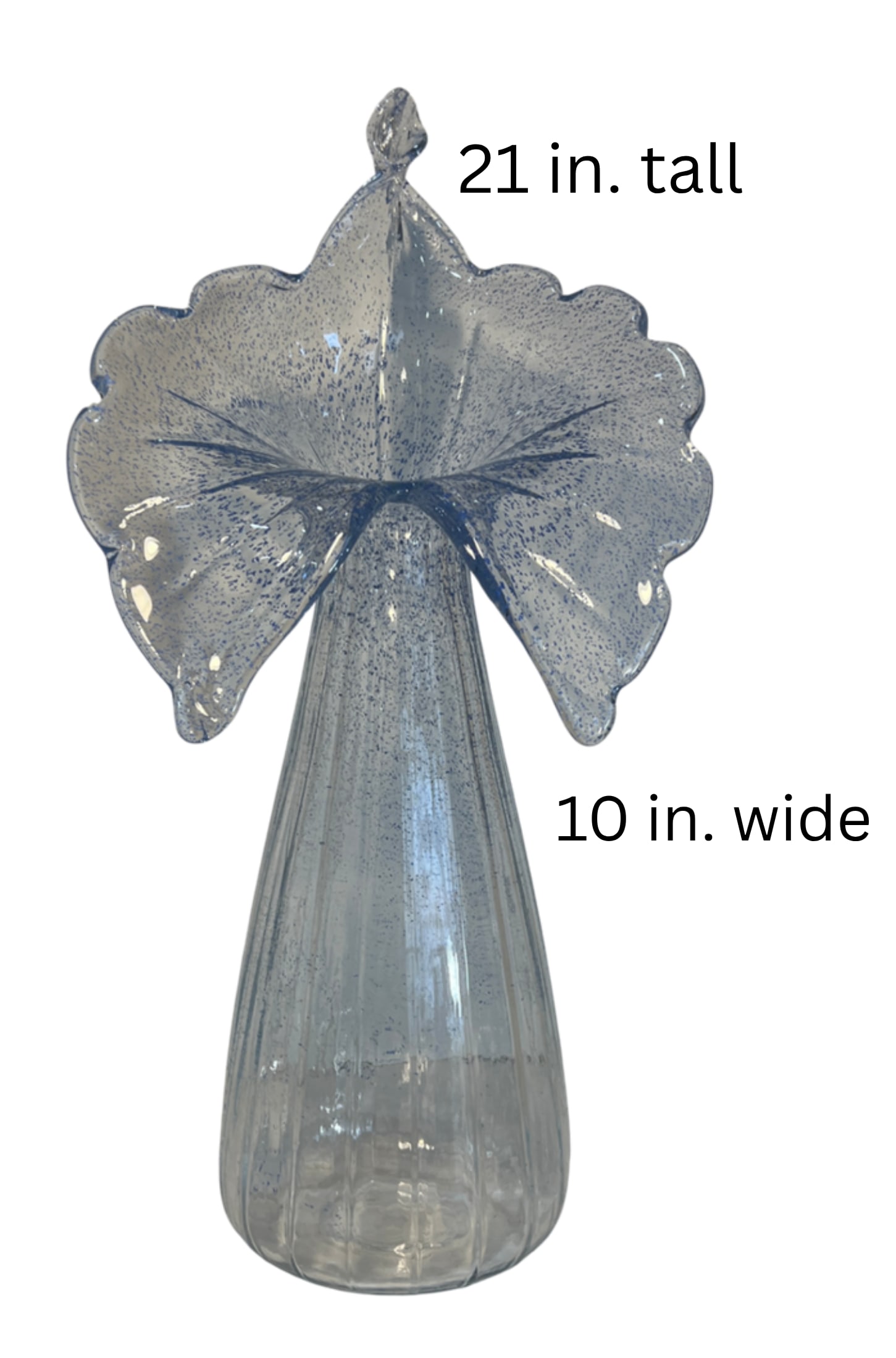 21 In. Tall Art Glass Clear Fluted Confetti Blue Speckled Flower Shaped Vase - 16