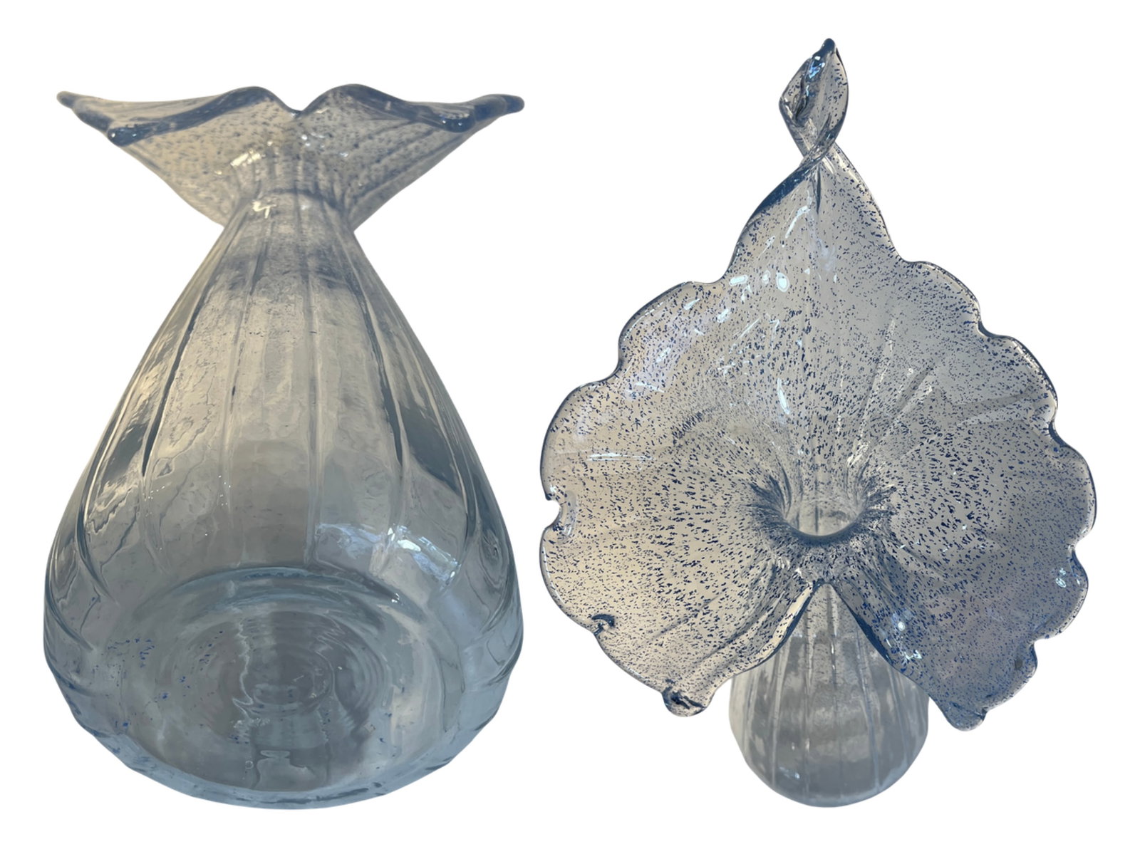 21 In. Tall Art Glass Clear Fluted Confetti Blue Speckled Flower Shaped Vase - 17