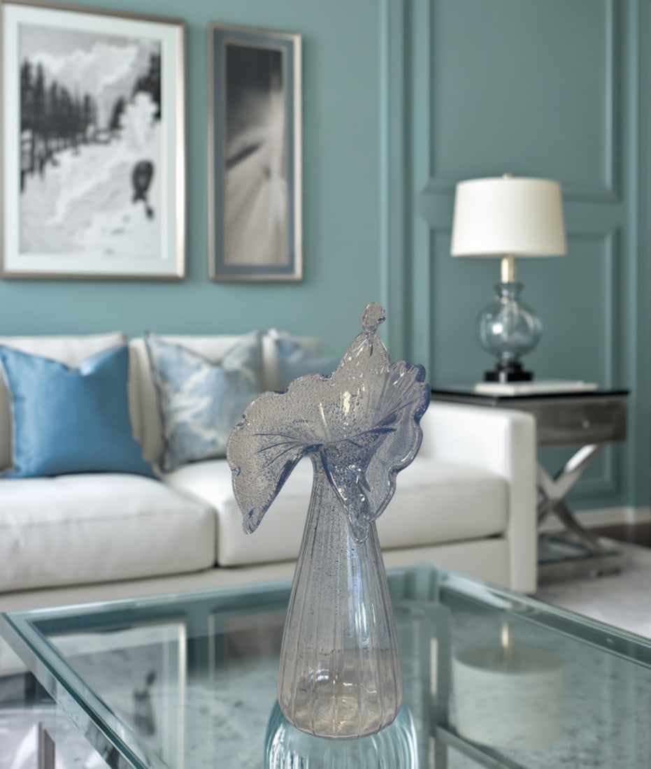 21 In. Tall Art Glass Clear Fluted Confetti Blue Speckled Flower Shaped Vase - 2