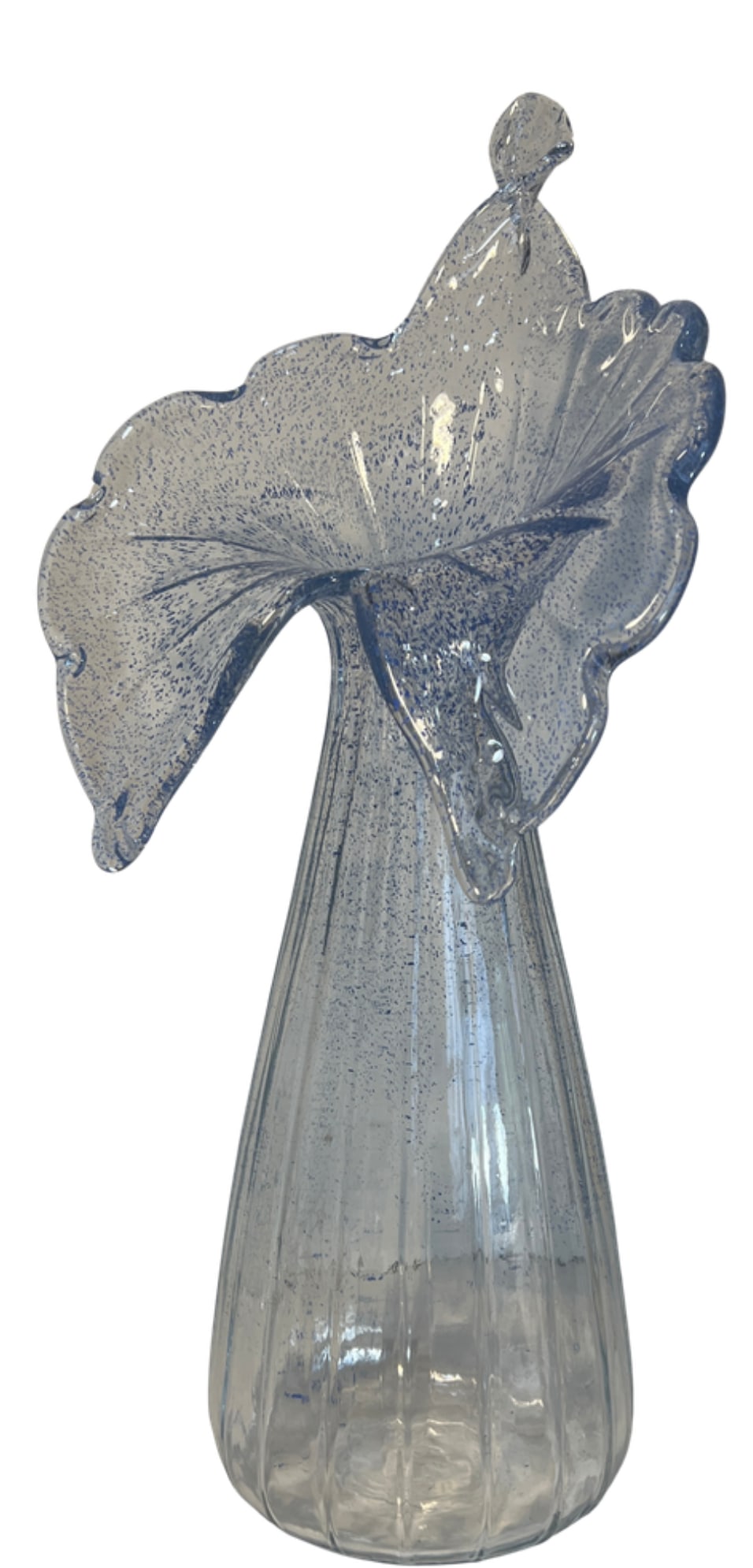 21 In. Tall Art Glass Clear Fluted Confetti Blue Speckled Flower Shaped Vase - 3
