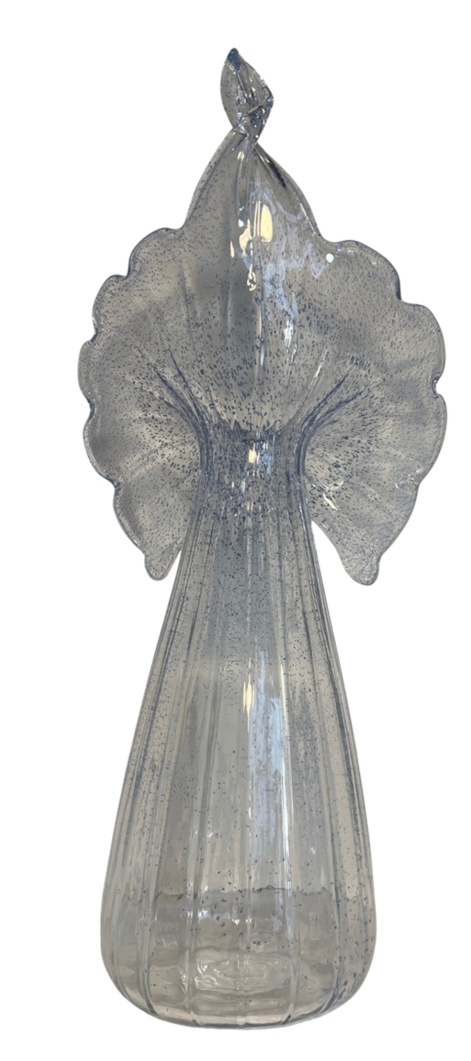 21 In. Tall Art Glass Clear Fluted Confetti Blue Speckled Flower Shaped Vase - 5