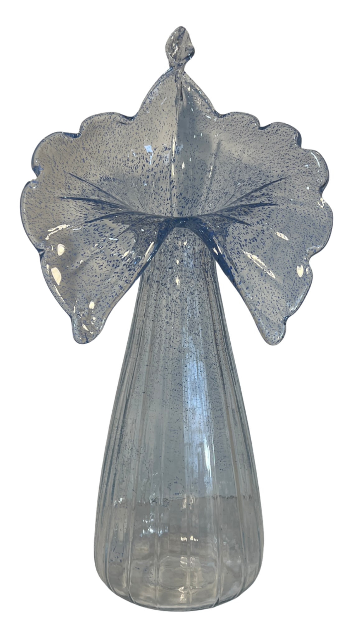 21 In. Tall Art Glass Clear Fluted Confetti Blue Speckled Flower Shaped Vase - 7