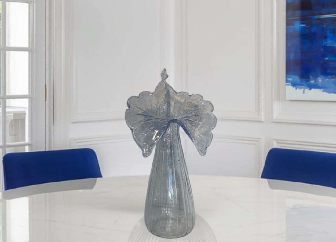 21 In. Tall Art Glass Clear Fluted Confetti Blue Speckled Flower Shaped Vase - 8