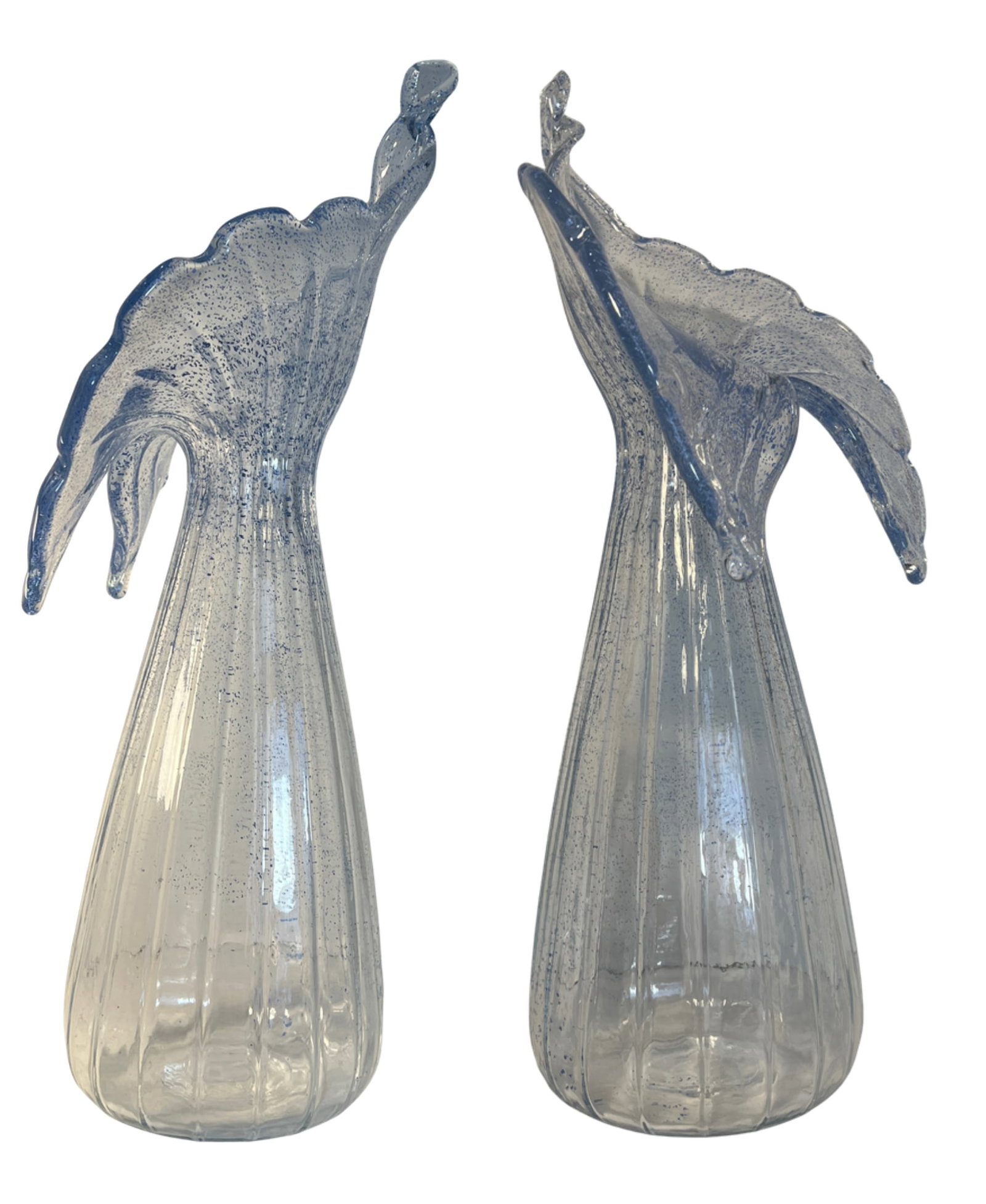 21 In. Tall Art Glass Clear Fluted Confetti Blue Speckled Flower Shaped Vase - 9