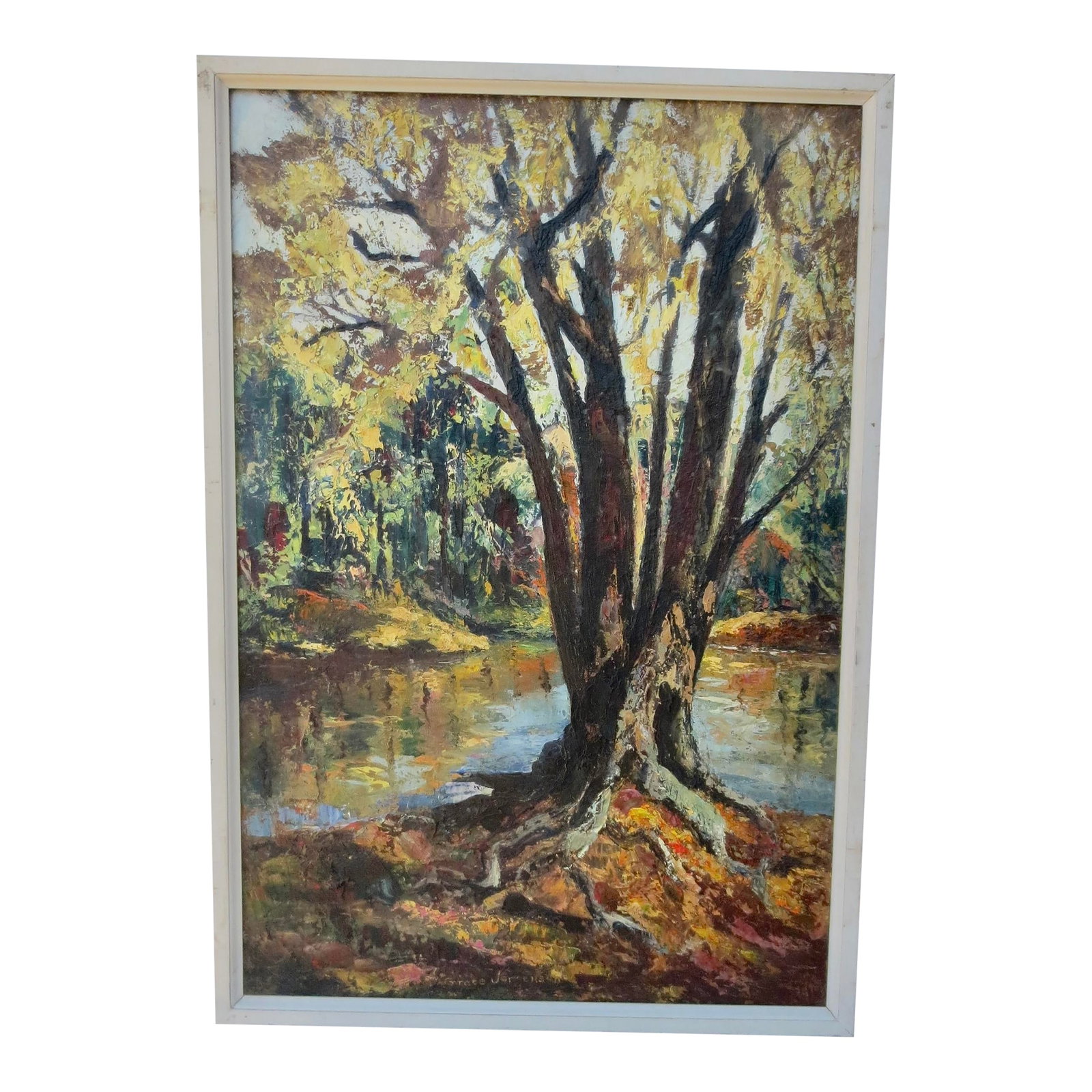 1971 Grace Jorgensen Landscape "Forest at Sunset": Grace Jorgensen, 1907-1994, American. Impressionist and knife painting. Large format and beautifully handled knife, building multiple layers of color to arrive at the sunset scene, where everything is