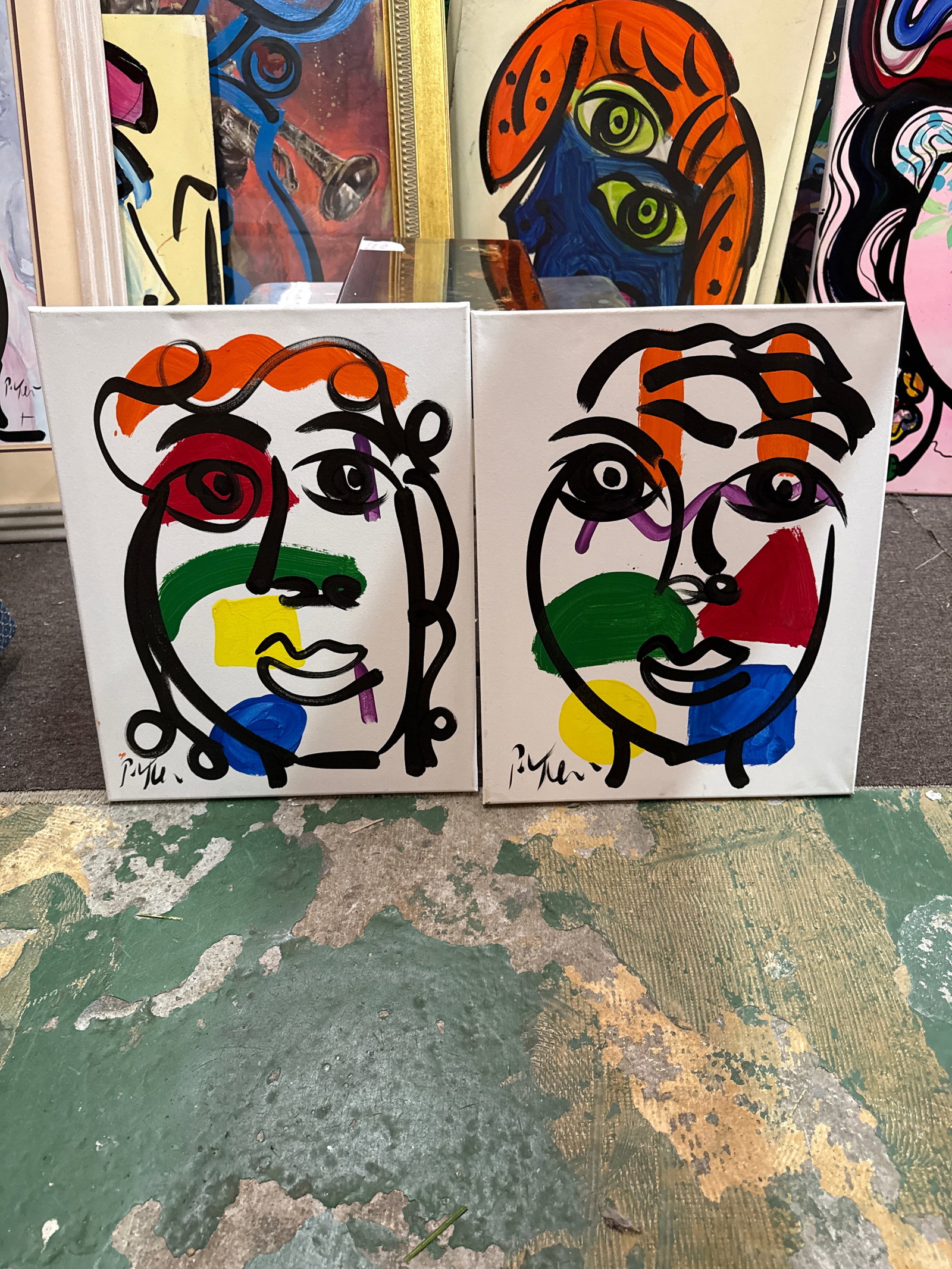 1970s Original Pair of Peter Keil Cubist Colorful Paintings - 2