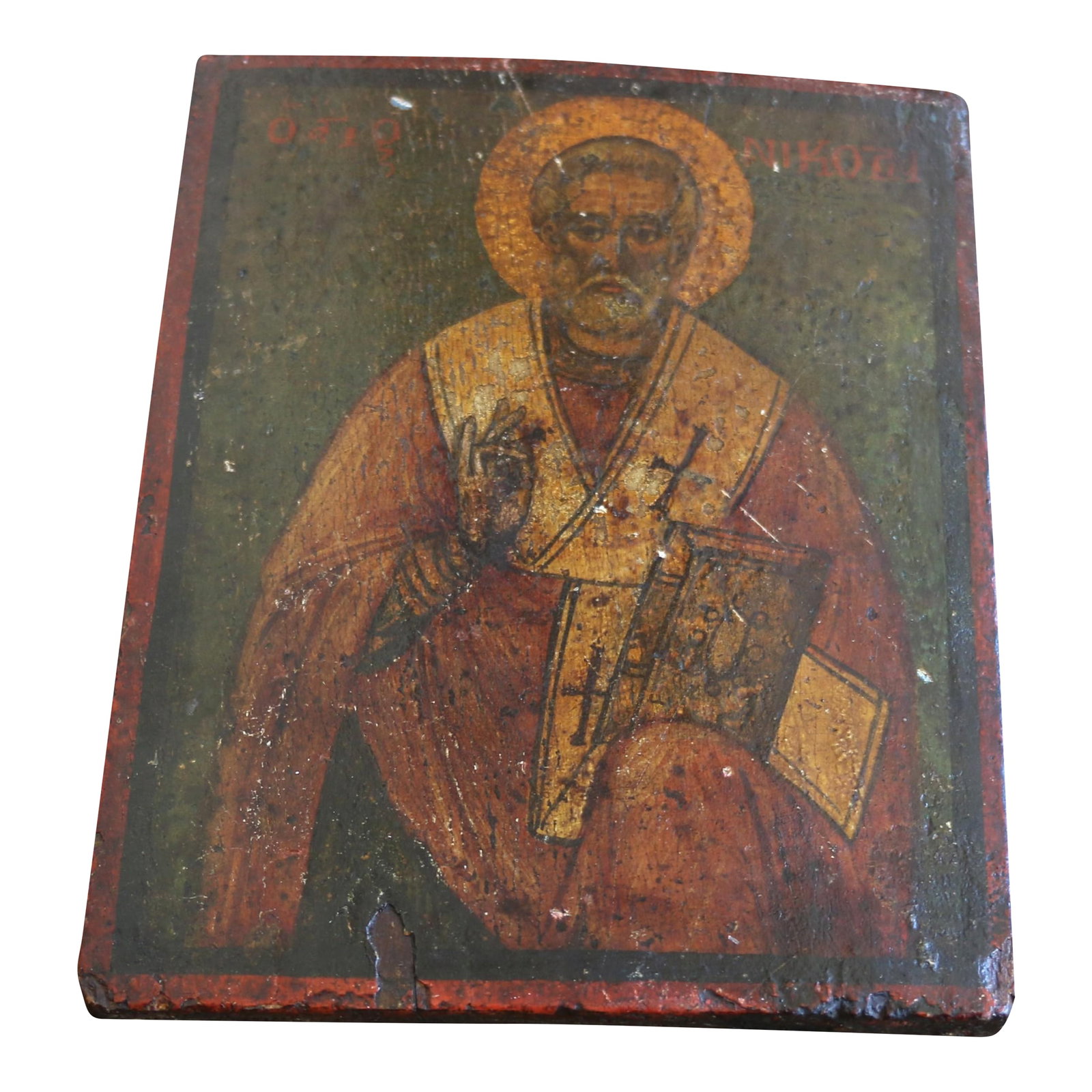 18th Century Russian Orthodox St. Nicholas Icon on Wood Panel: An authentic 18th-century Russian Orthodox icon depicting Saint Nicholas of Myra, one of the most revered saints in Eastern Christianity. Hand-painted in traditional egg tempera and gesso on a wooden 