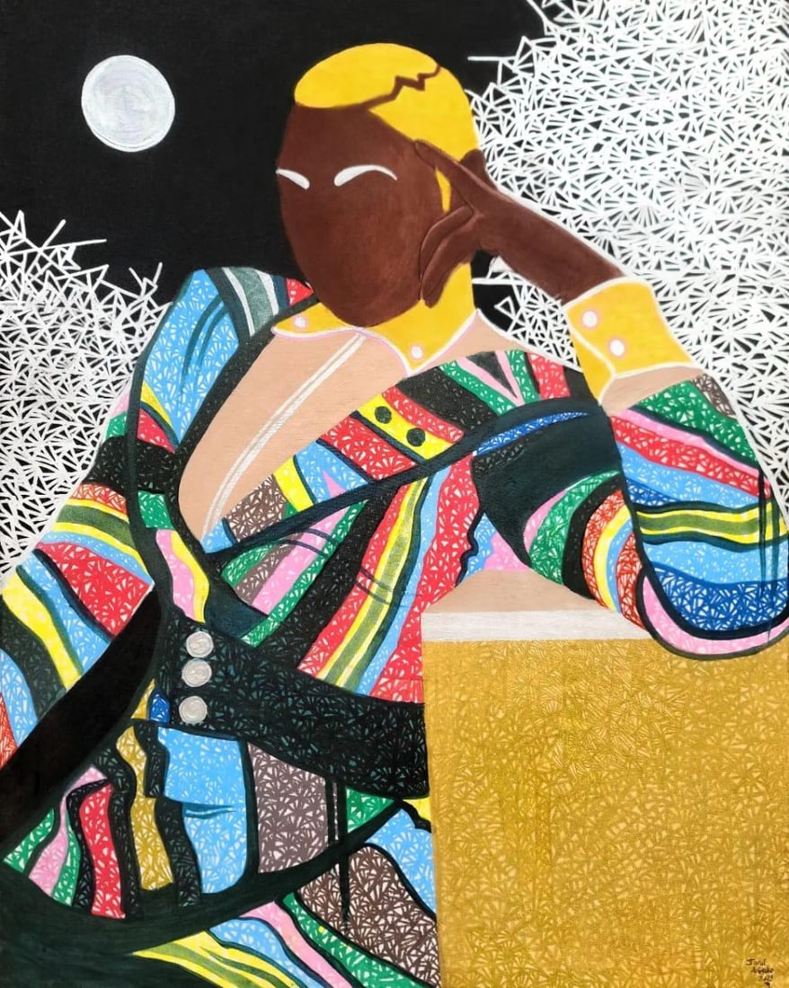 Drop the Monotony Contemporary Painting: This is a 30 inches by 40 inches painting created in 2021 by Janet Adegoke. The painting speaks to women, particularly African women. Janet asks them to add more layers of colours to their lives,