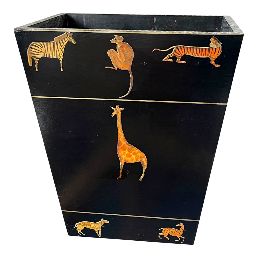 Vintage Safari Animal Appliqué Wood Wastebasket by the Essex Collection: Vintage safari animal wastebasket by The Essex Collection, crafted from solid wood with a black-painted finish and decorated with colorful wildlife appliqué motifs on all four sides. Lions,