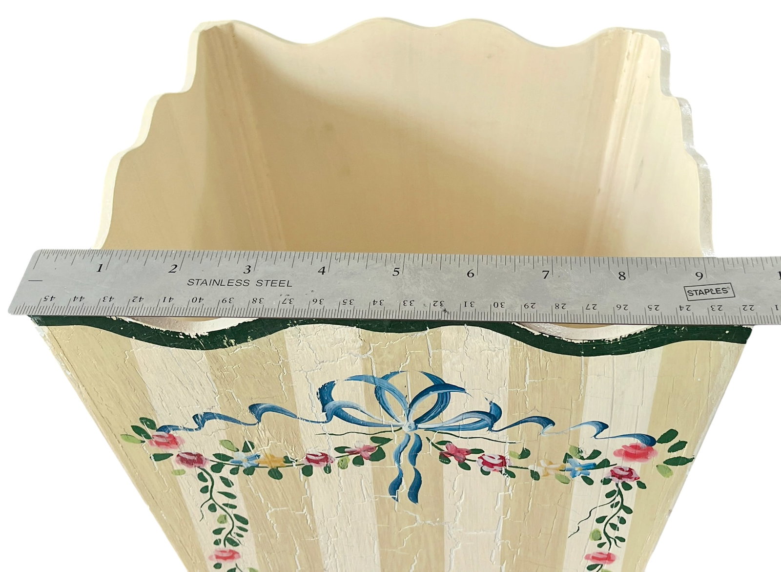 Hand-Painted Wooden Wasetbasket With Romantic Floral Swags, Bows and Stripes by Jane Keltner - 10