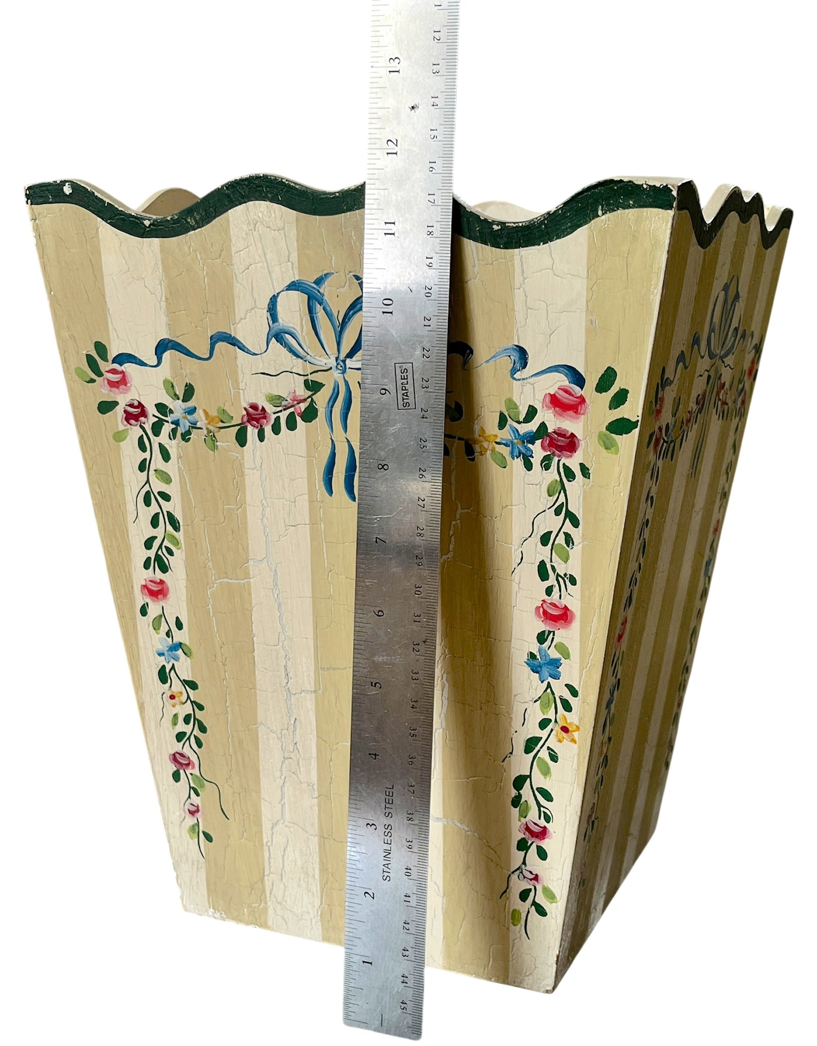 Hand-Painted Wooden Wasetbasket With Romantic Floral Swags, Bows and Stripes by Jane Keltner - 11