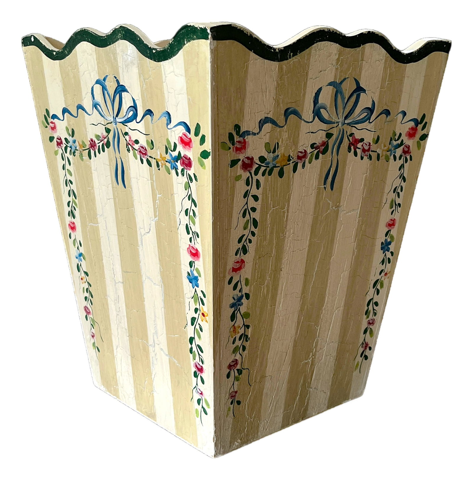 Hand-Painted Wooden Wasetbasket With Romantic Floral Swags, Bows and Stripes by Jane Keltner: Signed hand-painted wastebasket designed by Jane Keltner for Two's Company, crafted from solid wood with a charming scalloped rim and decorative crackle-painted finish. Delicate floral garlands,