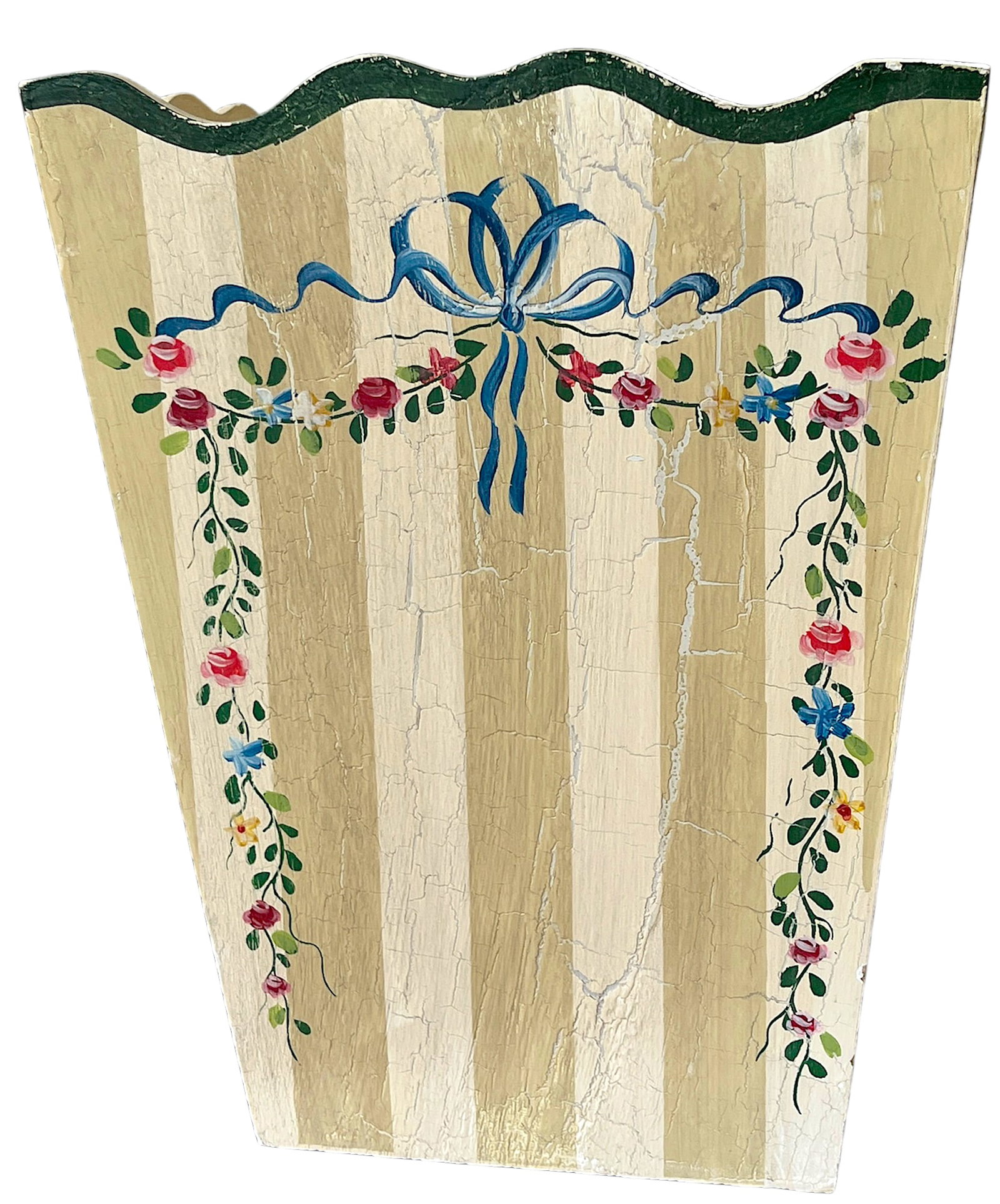 Hand-Painted Wooden Wasetbasket With Romantic Floral Swags, Bows and Stripes by Jane Keltner - 2