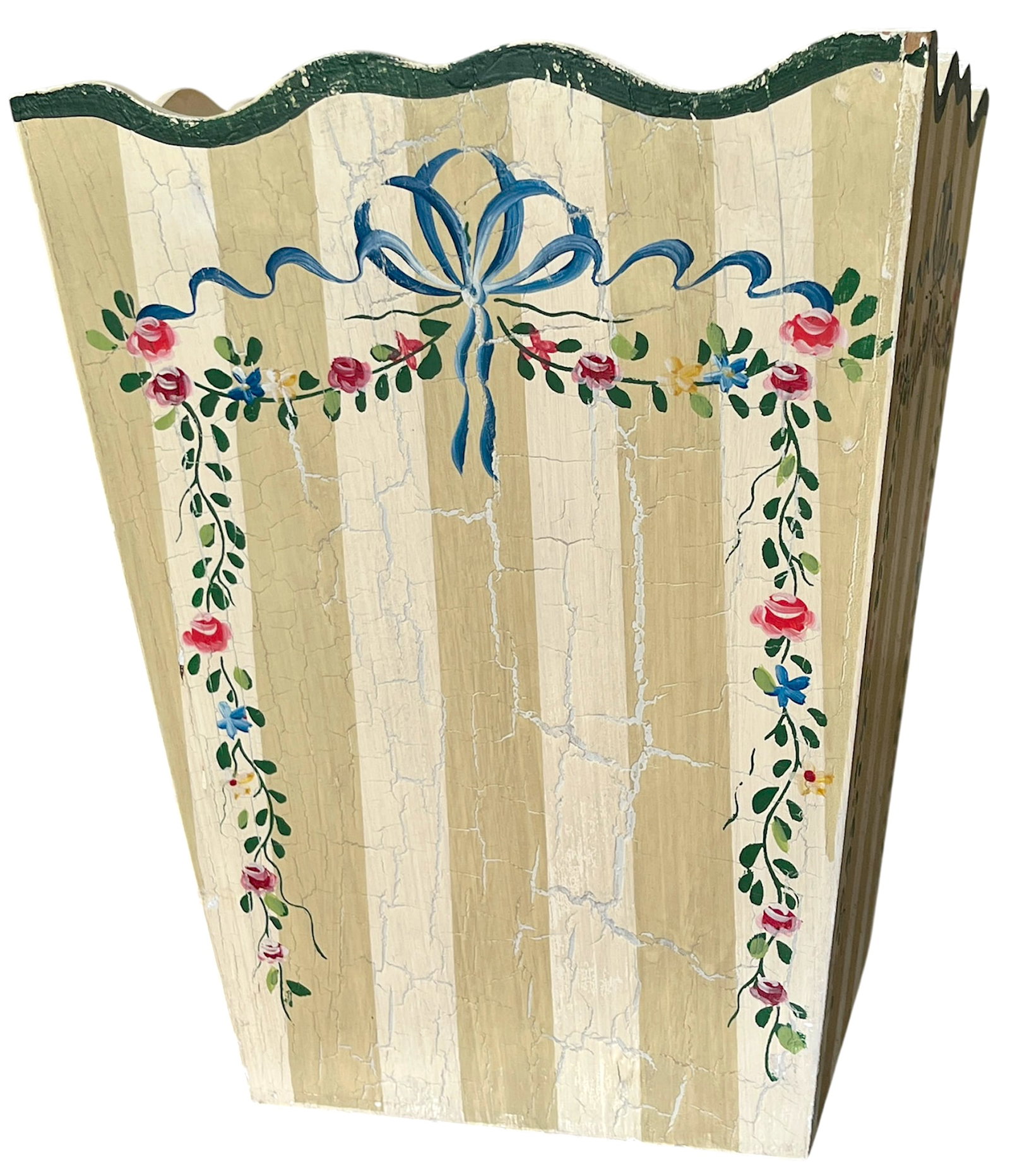 Hand-Painted Wooden Wasetbasket With Romantic Floral Swags, Bows and Stripes by Jane Keltner - 3