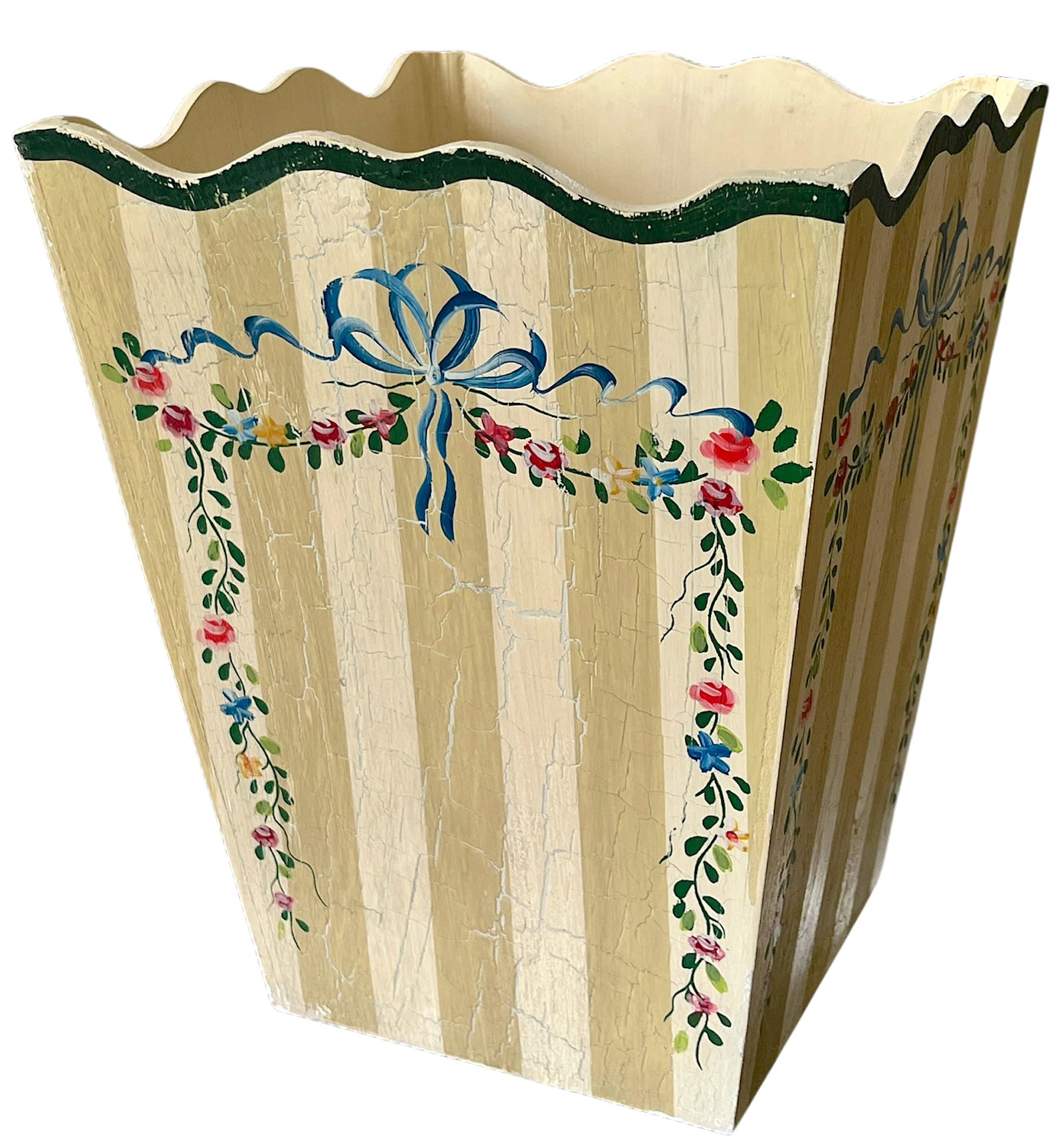 Hand-Painted Wooden Wasetbasket With Romantic Floral Swags, Bows and Stripes by Jane Keltner - 4