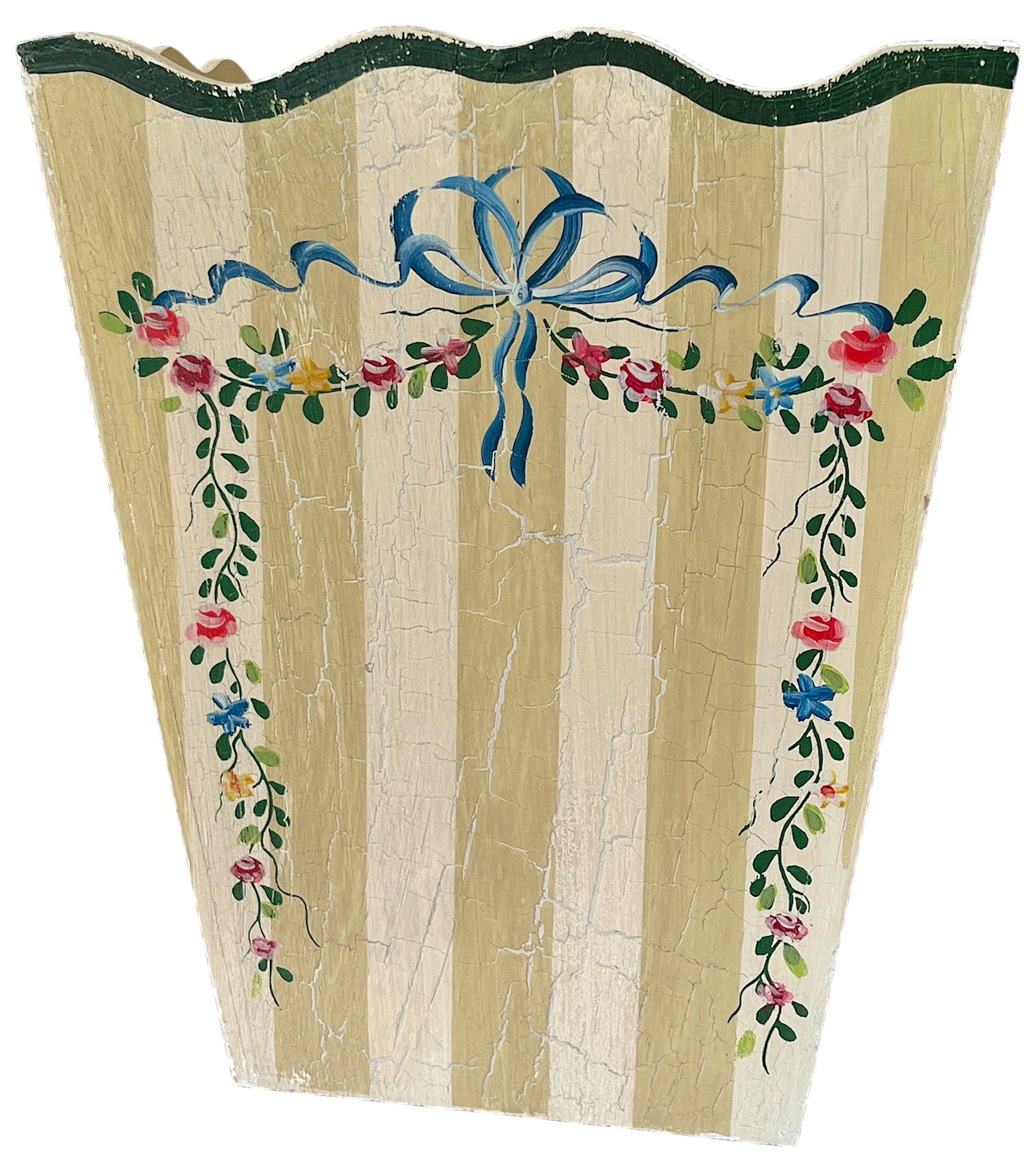 Hand-Painted Wooden Wasetbasket With Romantic Floral Swags, Bows and Stripes by Jane Keltner - 5