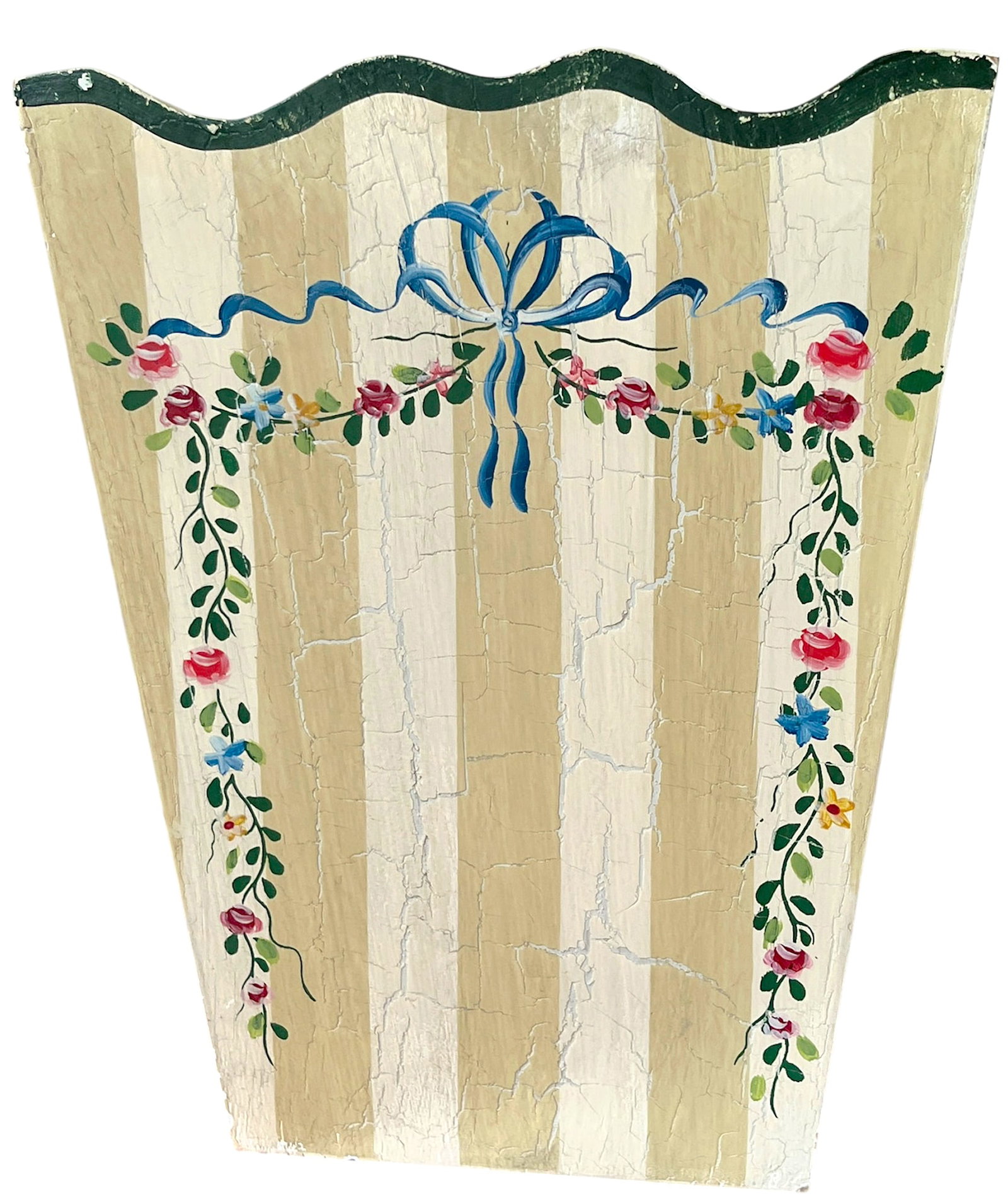 Hand-Painted Wooden Wasetbasket With Romantic Floral Swags, Bows and Stripes by Jane Keltner - 6