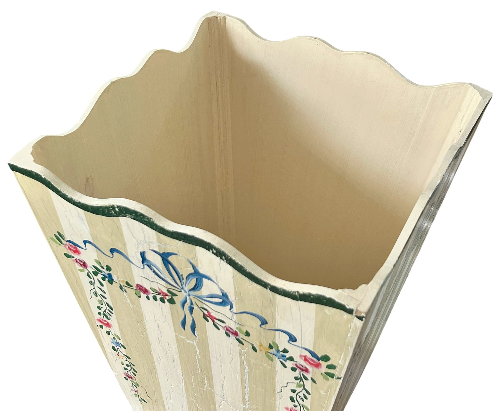Hand-Painted Wooden Wasetbasket With Romantic Floral Swags, Bows and Stripes by Jane Keltner - 7