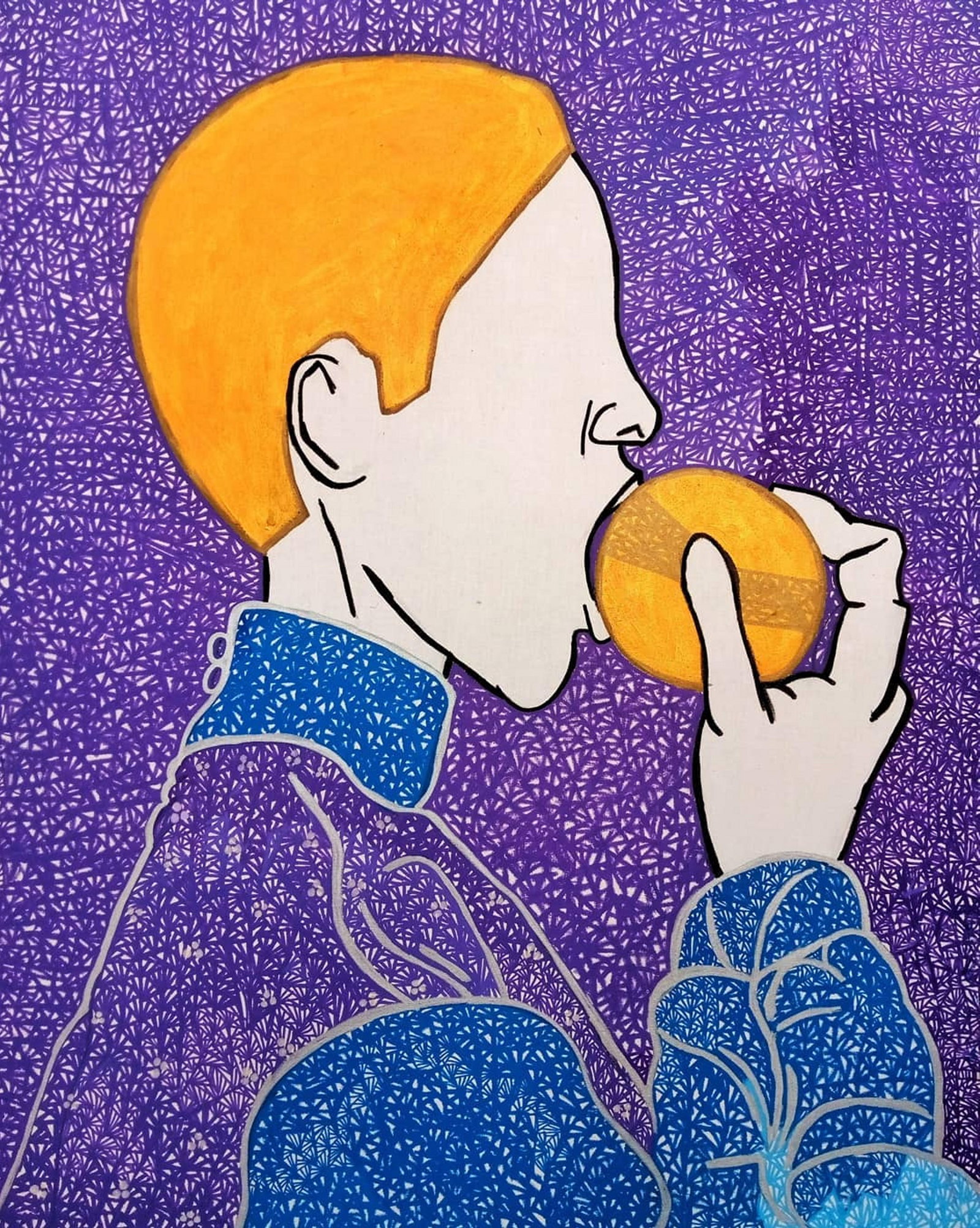 Take a Bite Into Greatness Contemporary Painting: The artist uses this painting to advocate for feminine agency and audacity. The plot of the painting is a subtle play on Eve biting into the forbidden fruit; religious imagery is thus used as a