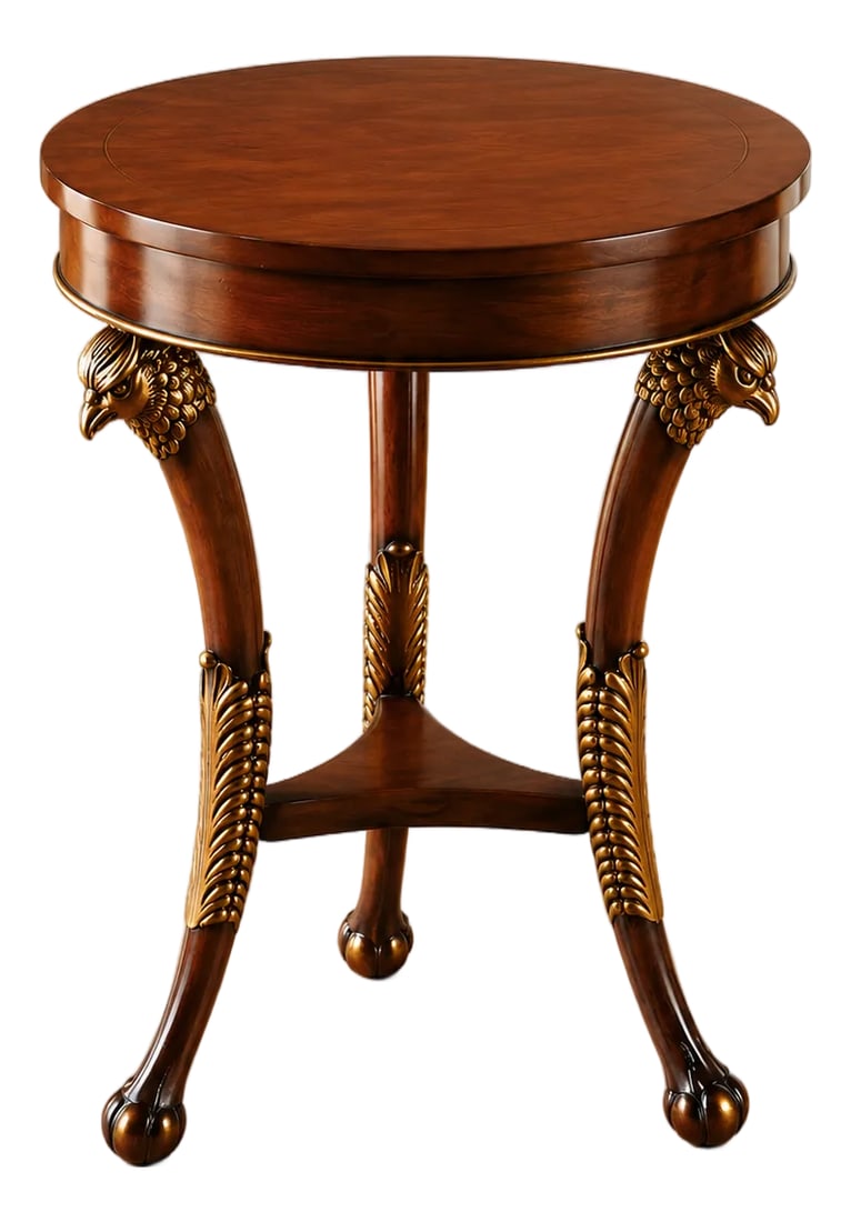 Italian Empire Olive Ash Burl Falcon Accent Table: Handcrafted in Italy from olive ash burl, this small Empire table features three carved falcon heads with antique 24-karat gold leaf accents. The round top showcases the dramatic grain patterns of the