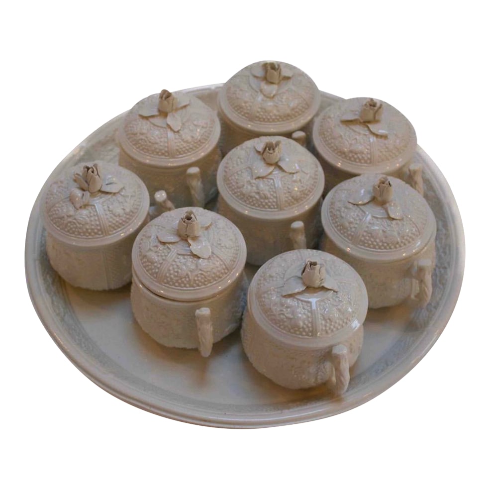 Vintage Italian Pot De Creme Set With Rosebud Lids & Serving Tray: The pictures does not do this set justice. They are a beautiful ivory set in pristine condition. A delightful vintage Italian pot de creme service comprising eight lidded cups and a matching serving t