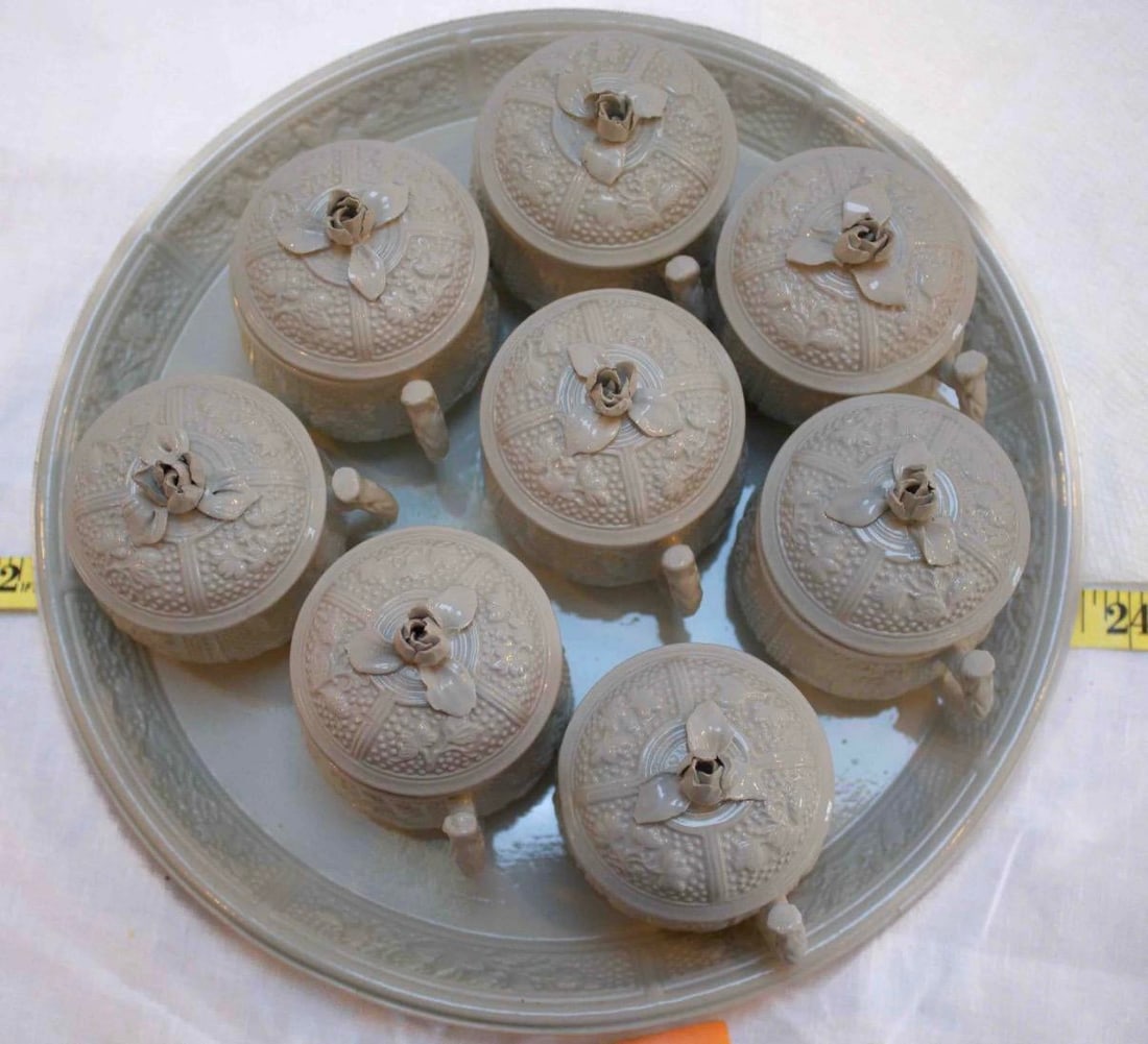 Vintage Italian Pot De Creme Set With Rosebud Lids & Serving Tray - 2